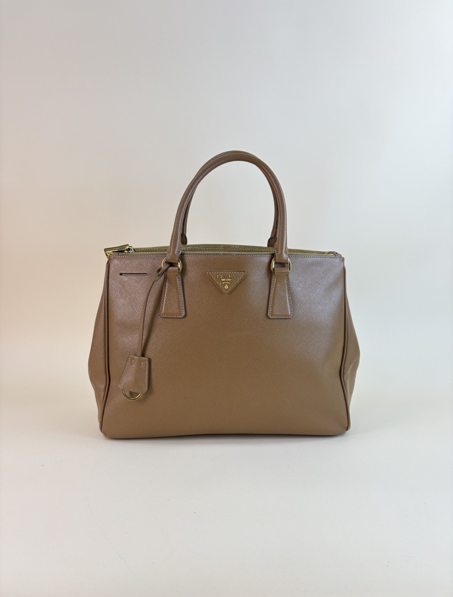 Prada medium double zip camel galleria tote bag saffiano