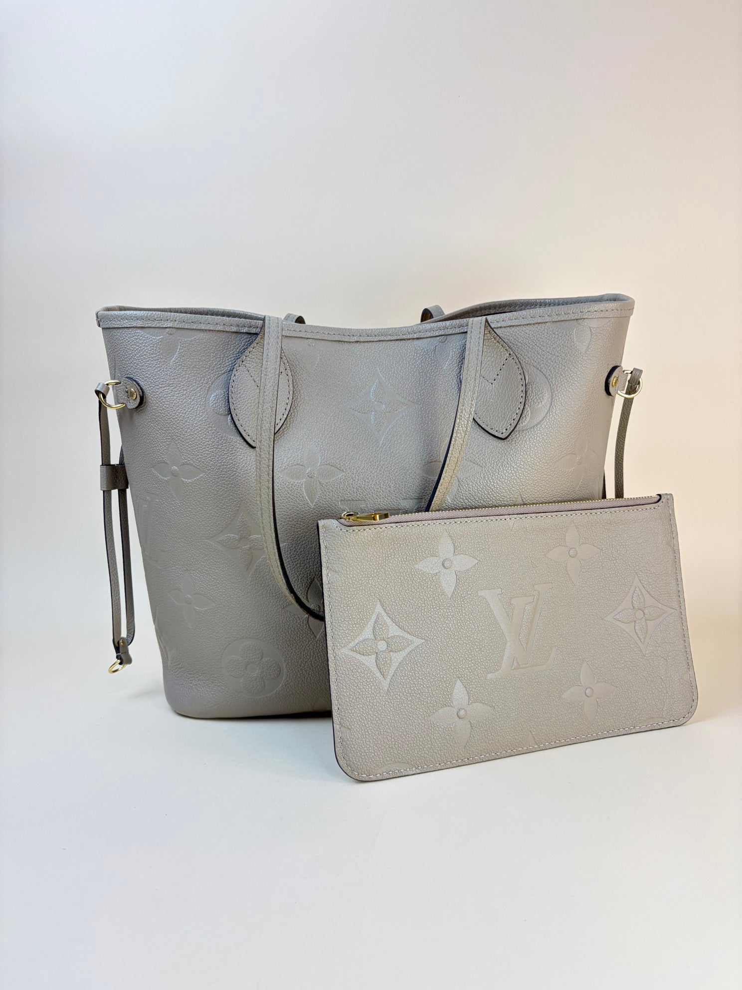 Louis Vuitton Turtledove Monogram Empreinte Neverfull MM Tote Bag with Pouch