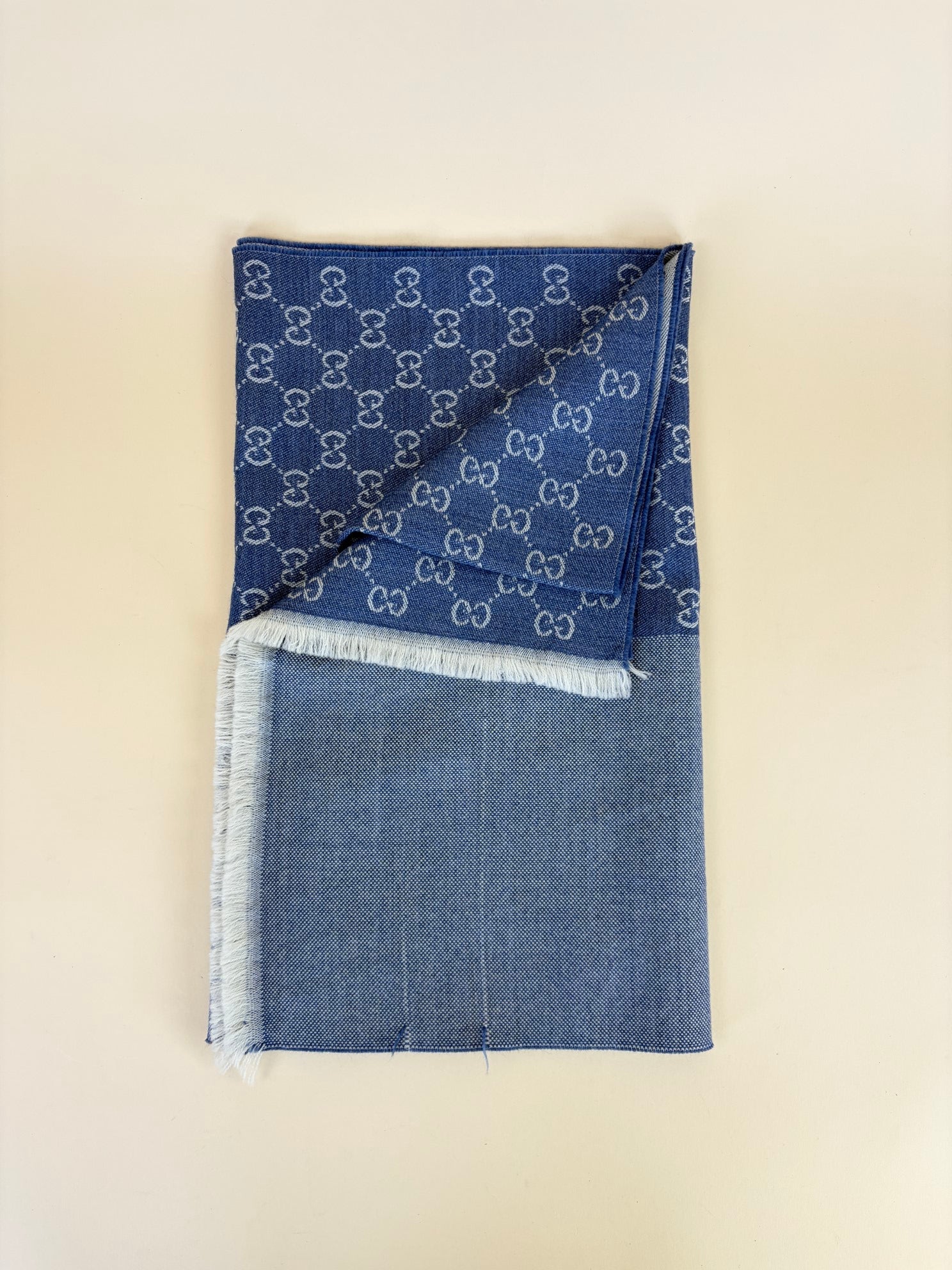 Gucci Blue Denim GG Monogram Half Fringe Wool Scarf