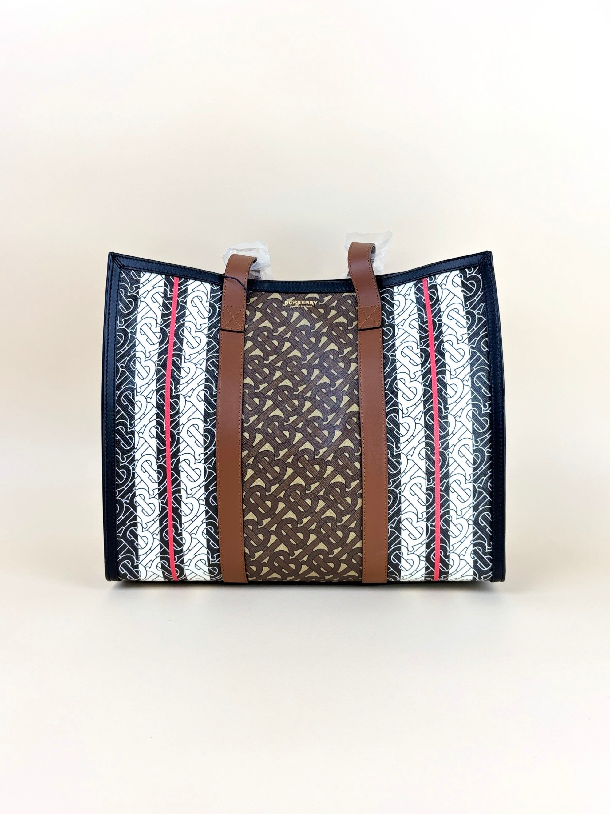Burberry Bicolor  Monogram E Canvas Bridle Stripe Small Book Tote Bag