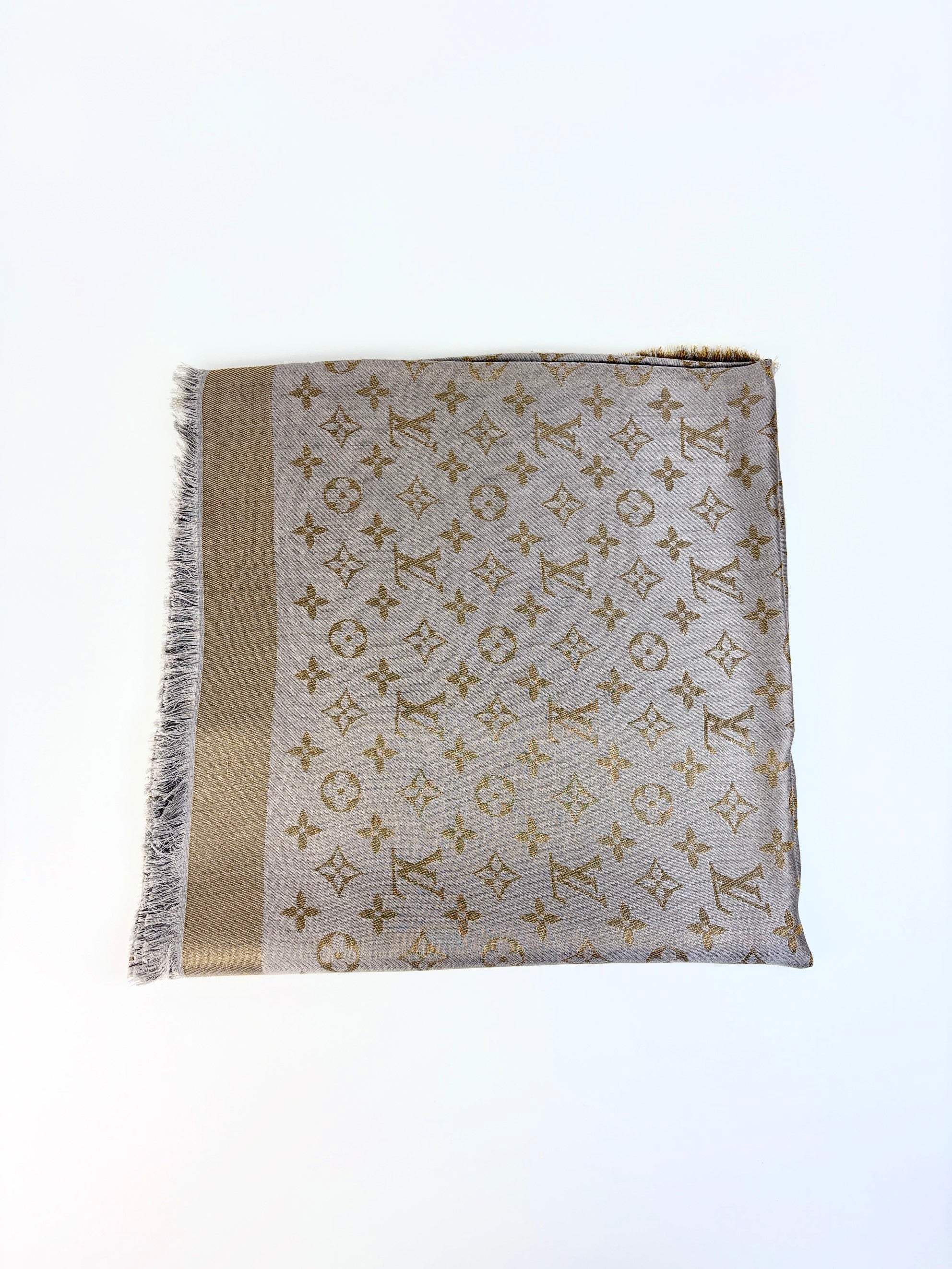 louis Vuitton grey monogram shine silk wool shawl