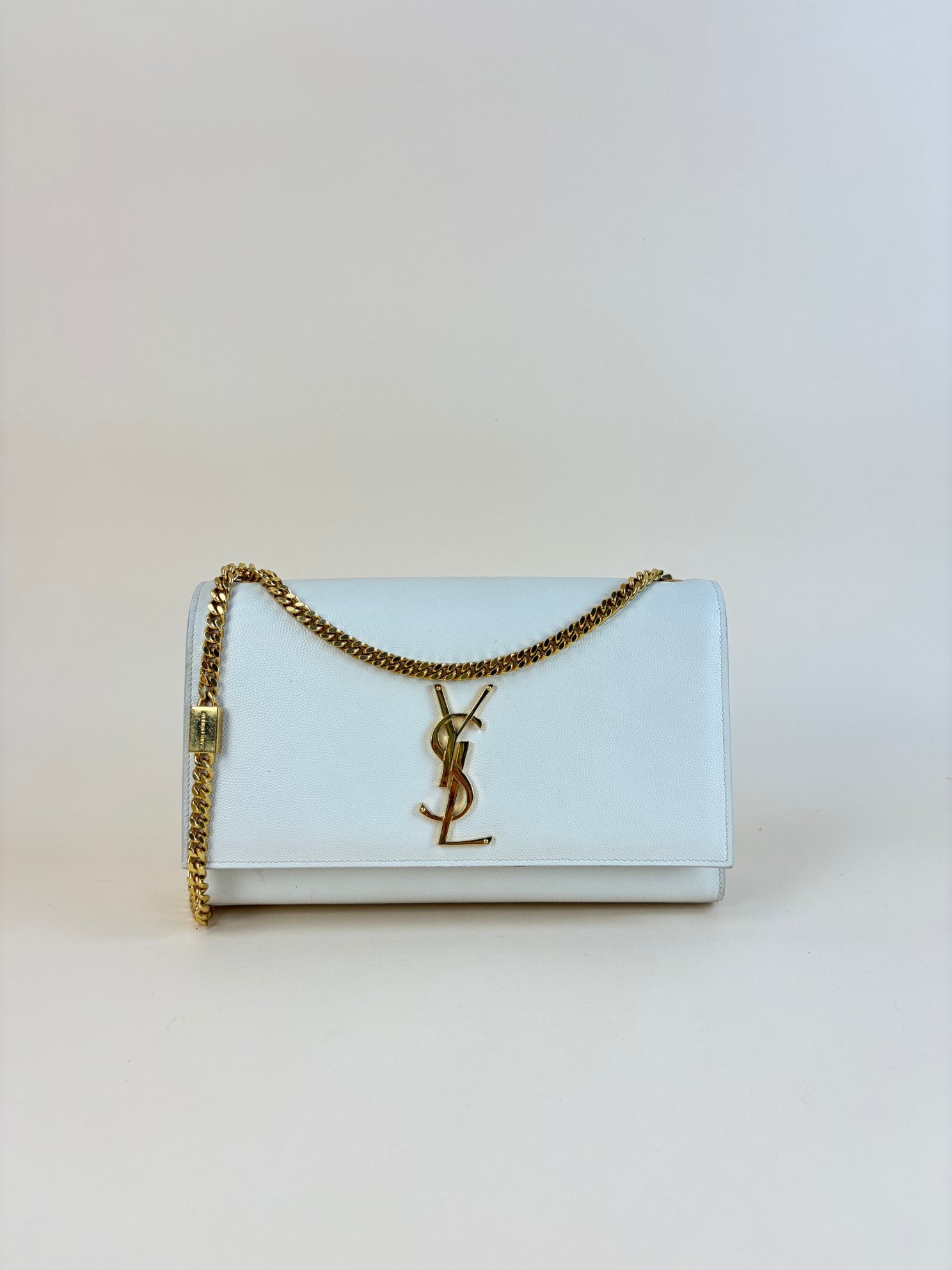 YSL off white Kate Flap medium in grain de Poudre embossed Bag