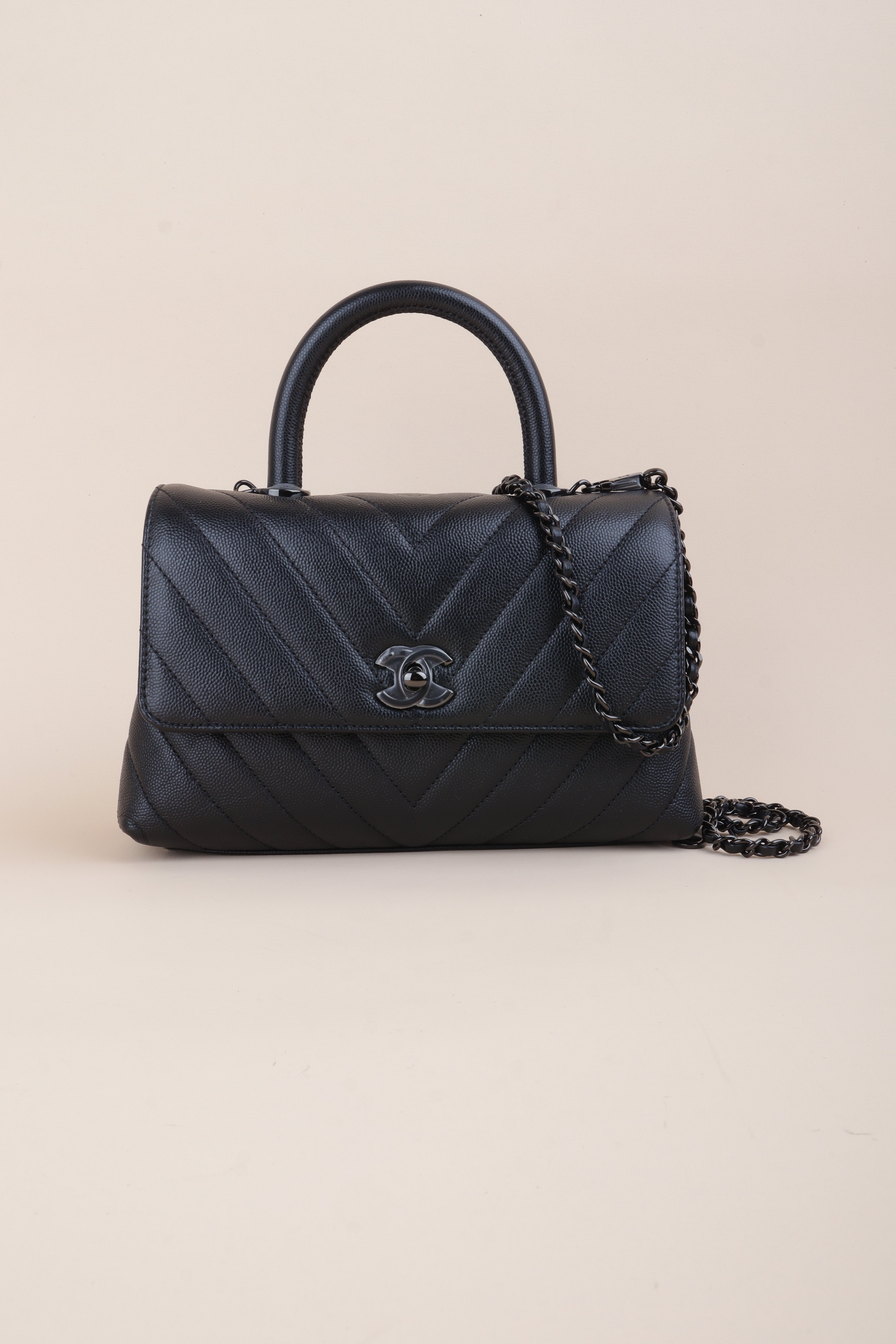 Chanel Black Chevron Mini Coco Handle Bag