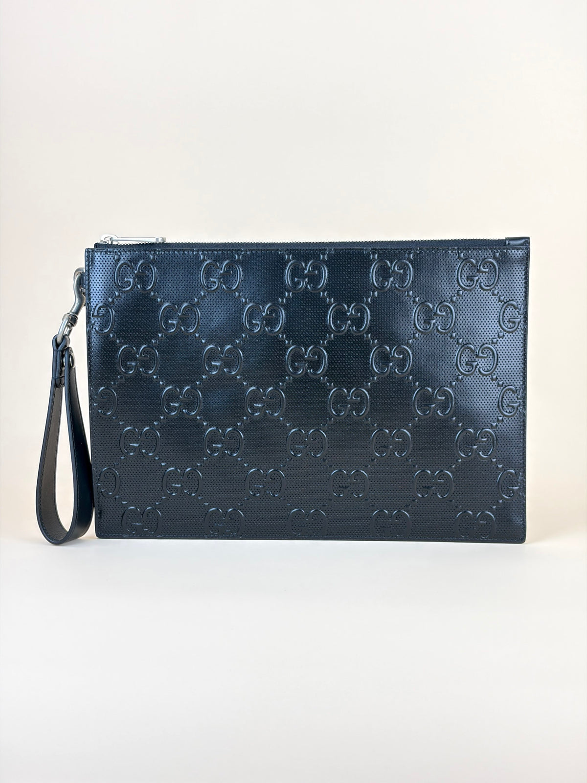 Gucci black Clutch calf skin gg tennis embossed wristlet pouch
