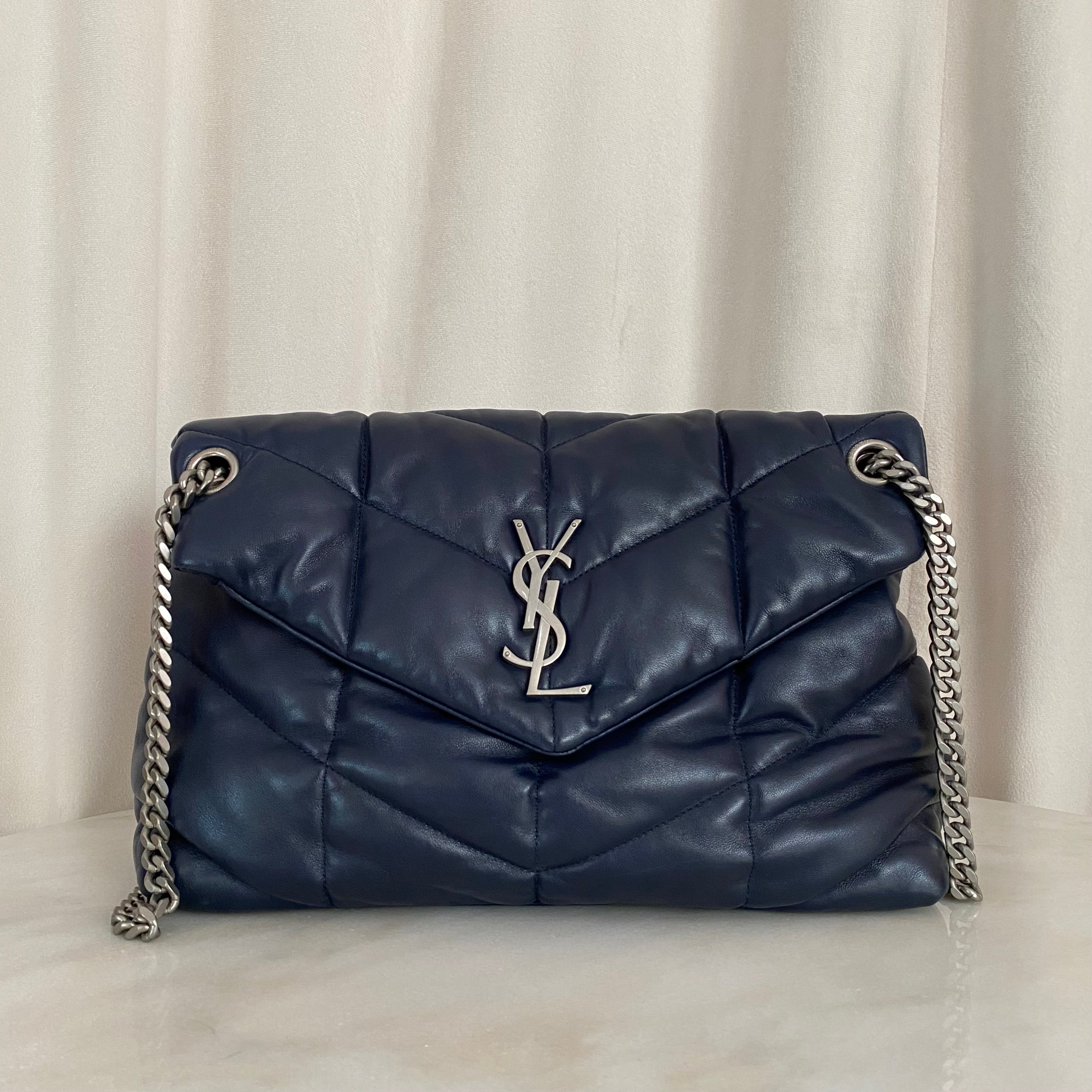 YSL Navy Blue Puffer Double Chain Bag