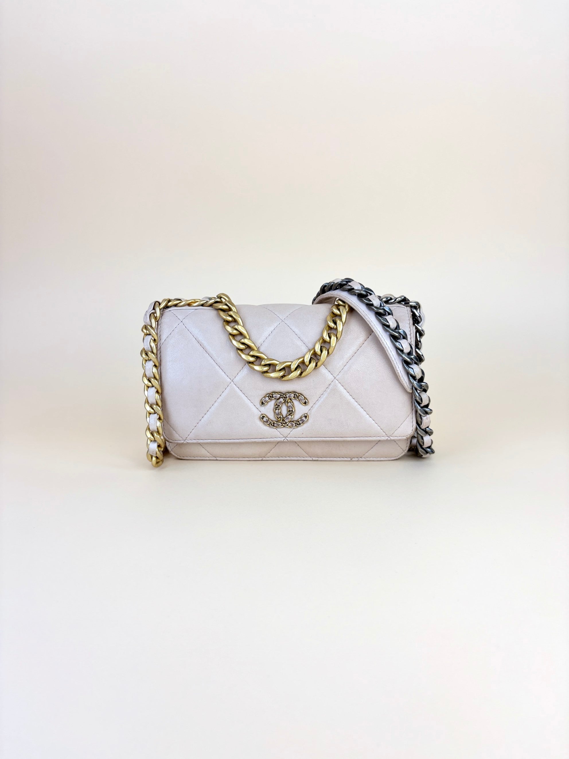 Chanel beige lambskin quilted Chanel 19 wallet on chain gold