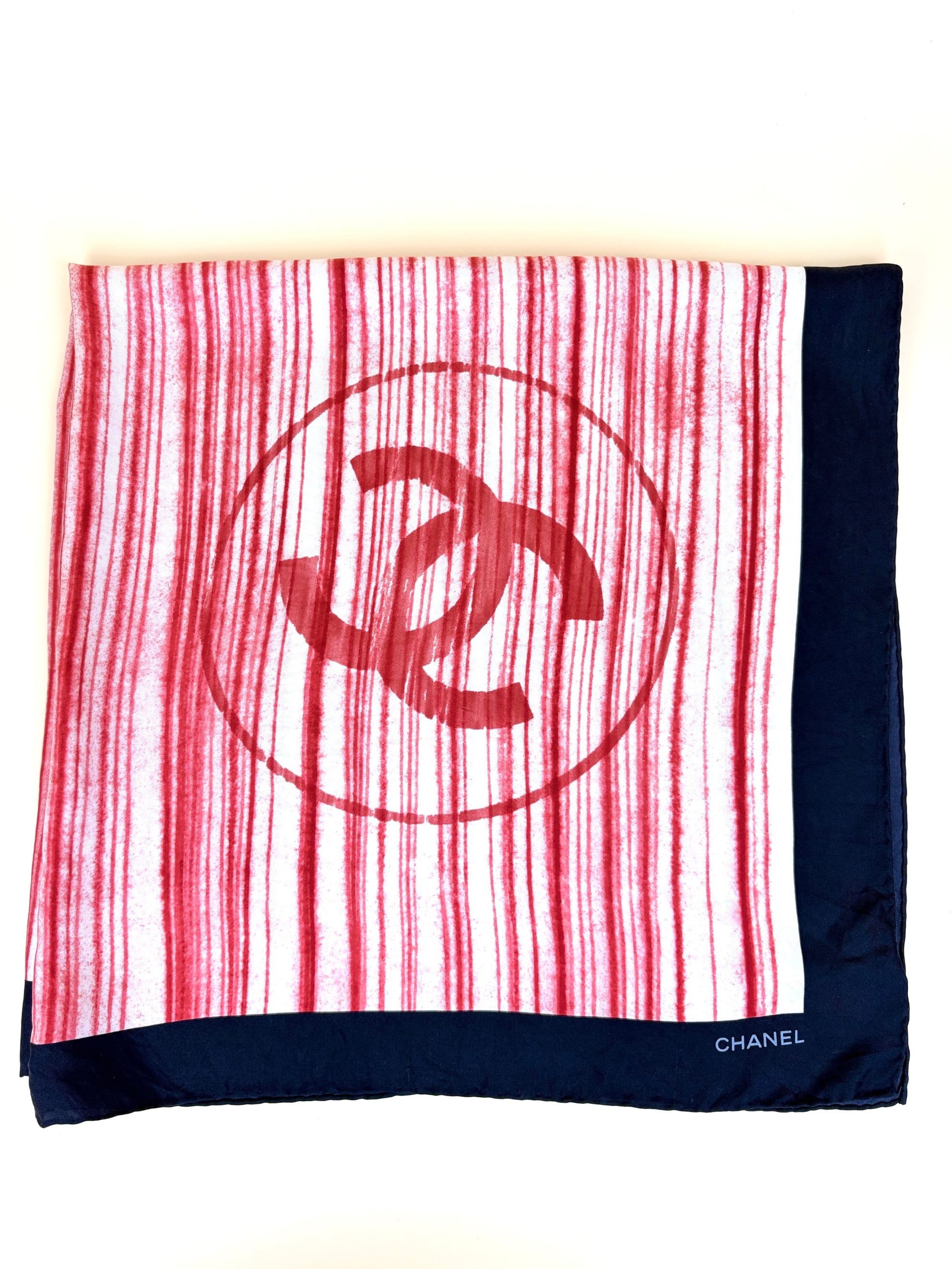 Chanel Red CC Logo Striped Vintage Silk Square Scarf