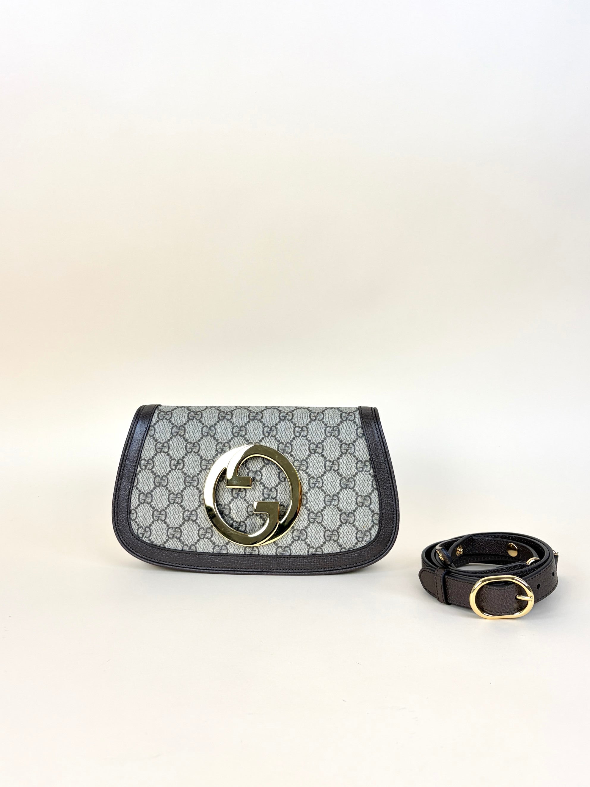 Gucci Ebony New Acero GG Supreme Monogram Blondie Chain Shoulder Flap Bag with Strap