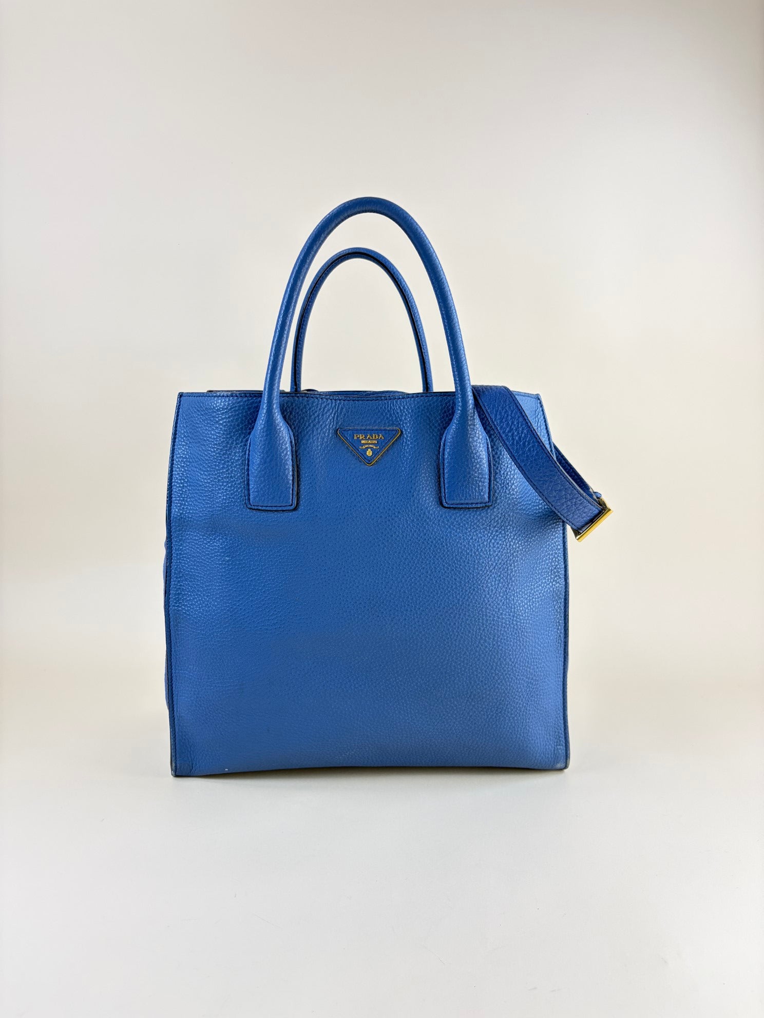 Prada Blue Vitello Daino twin pocket  tote Bag
