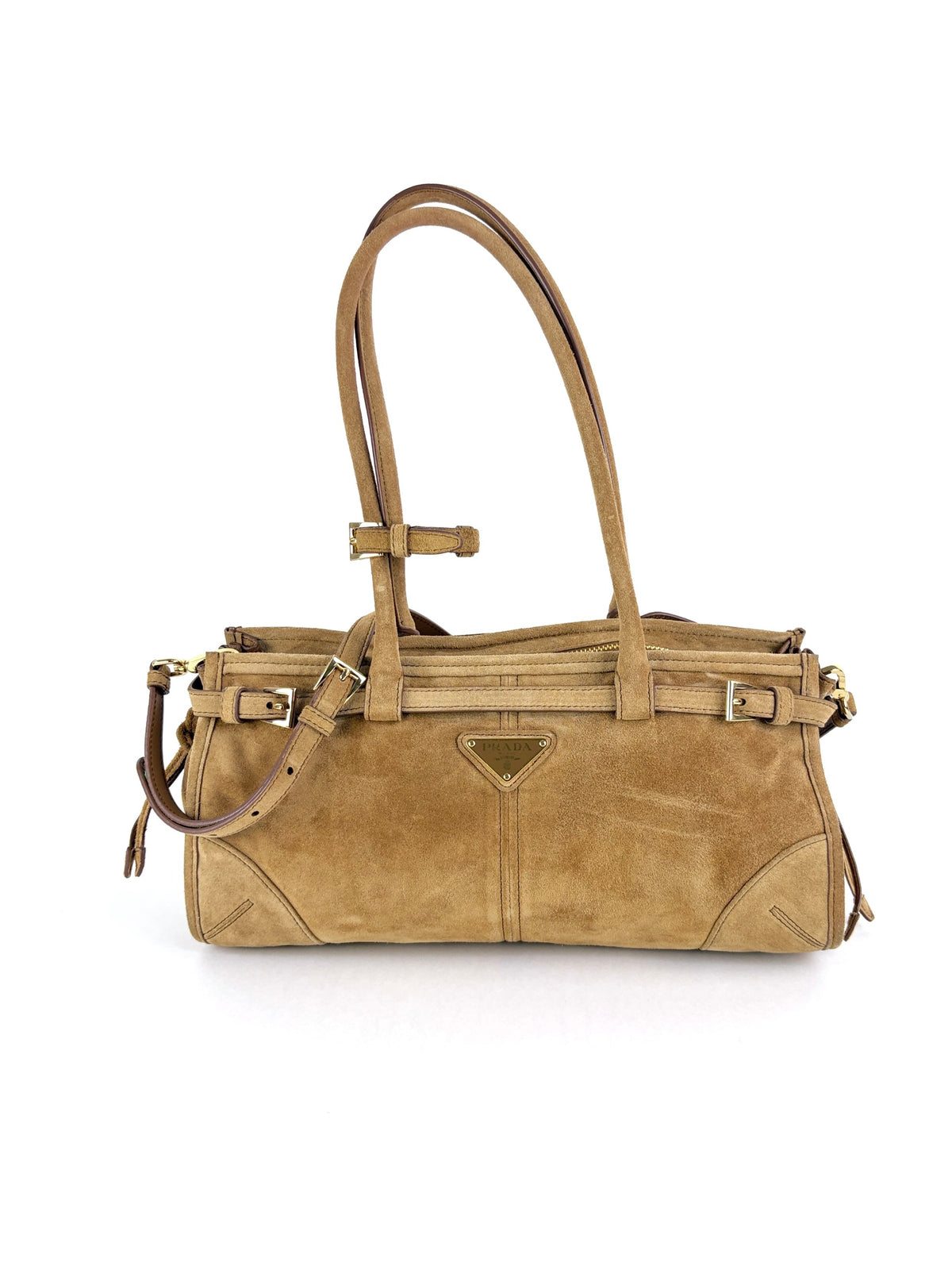 Prada bonnie medium suede handbag light brown