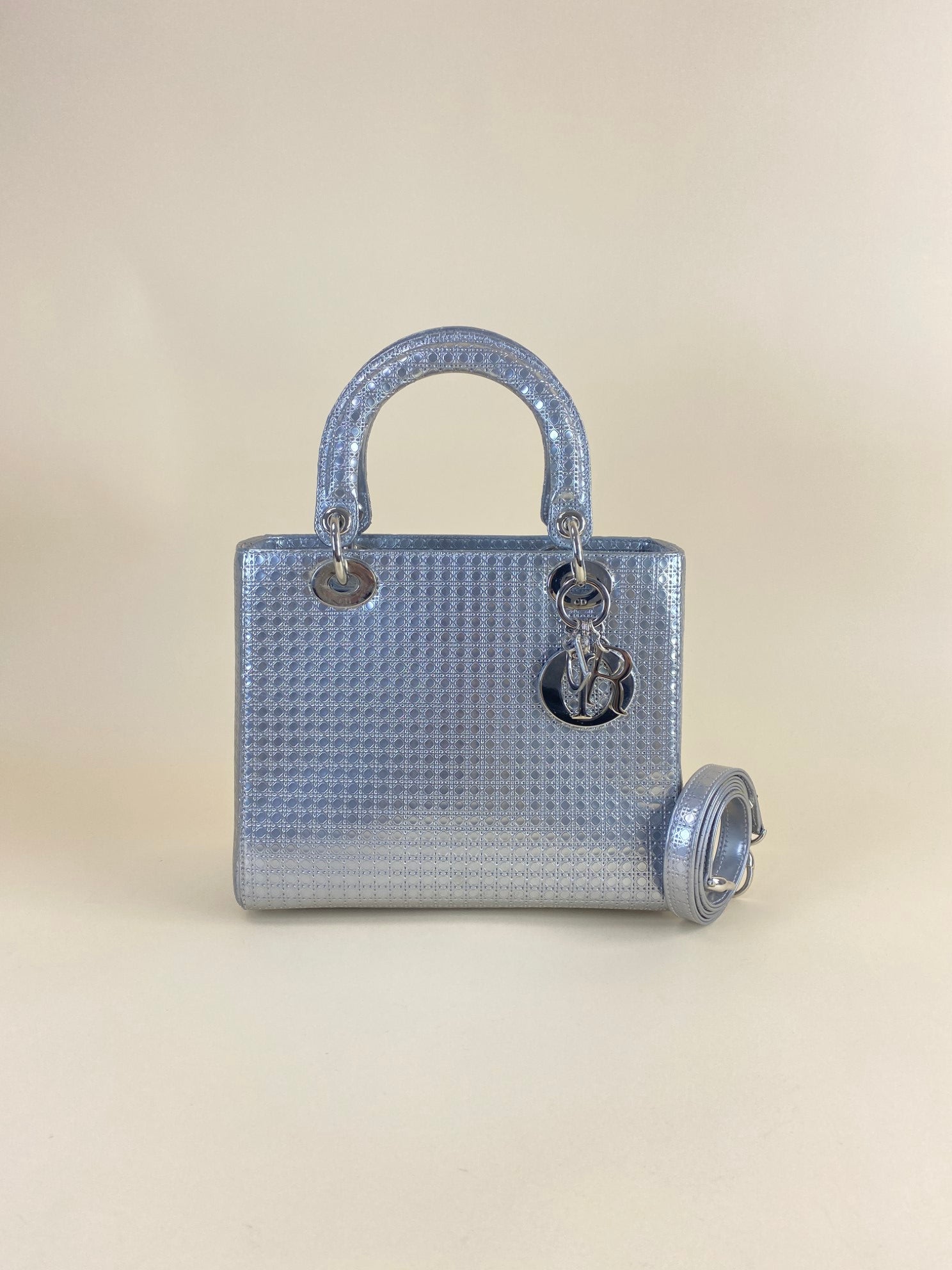 Christian Dior Metallic Silver Lady Dior Micro Cannage Medium Bag with Strap