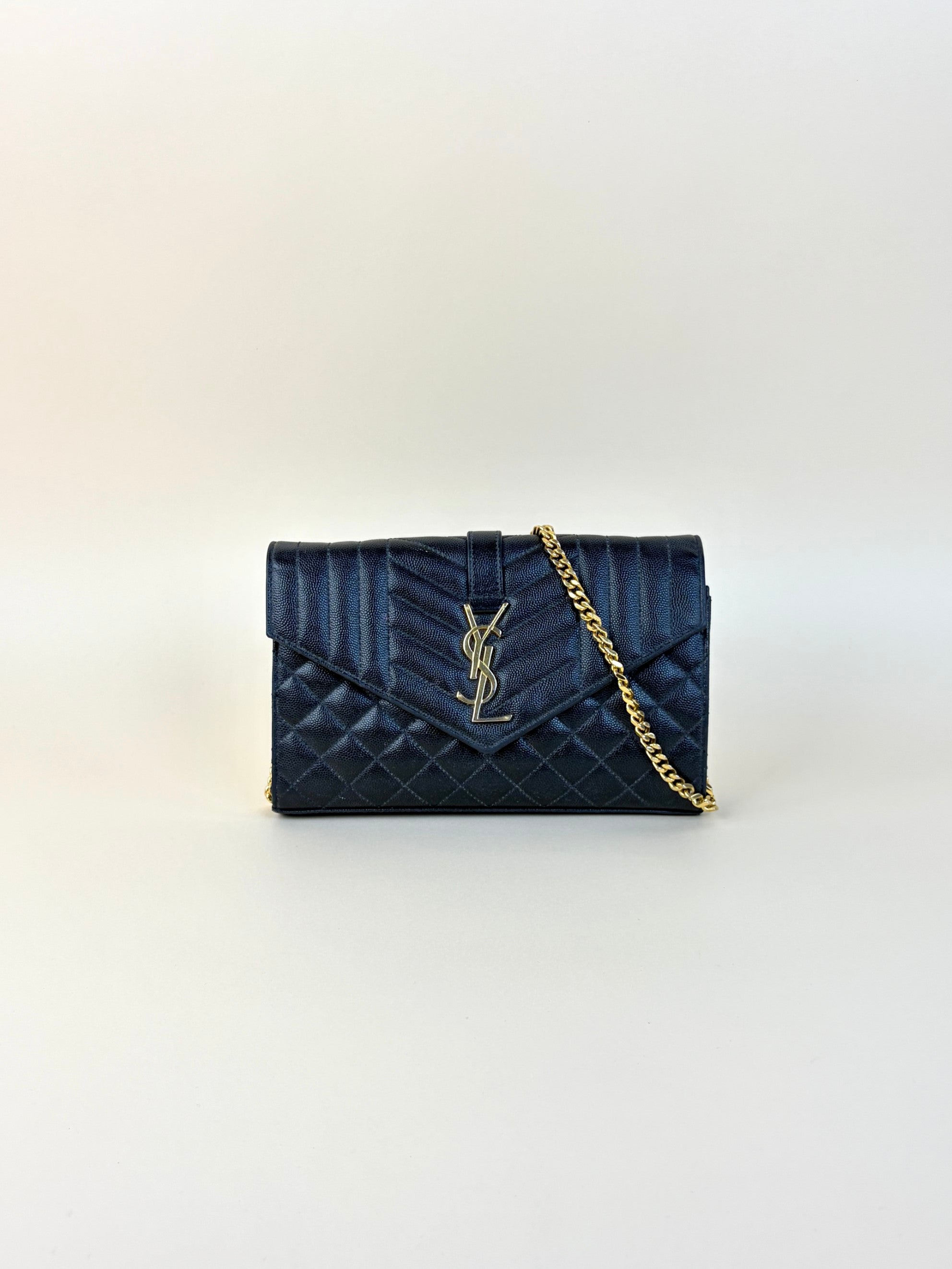 YSL Black classic Cassandrea chain wallet in grain de Poudre leather