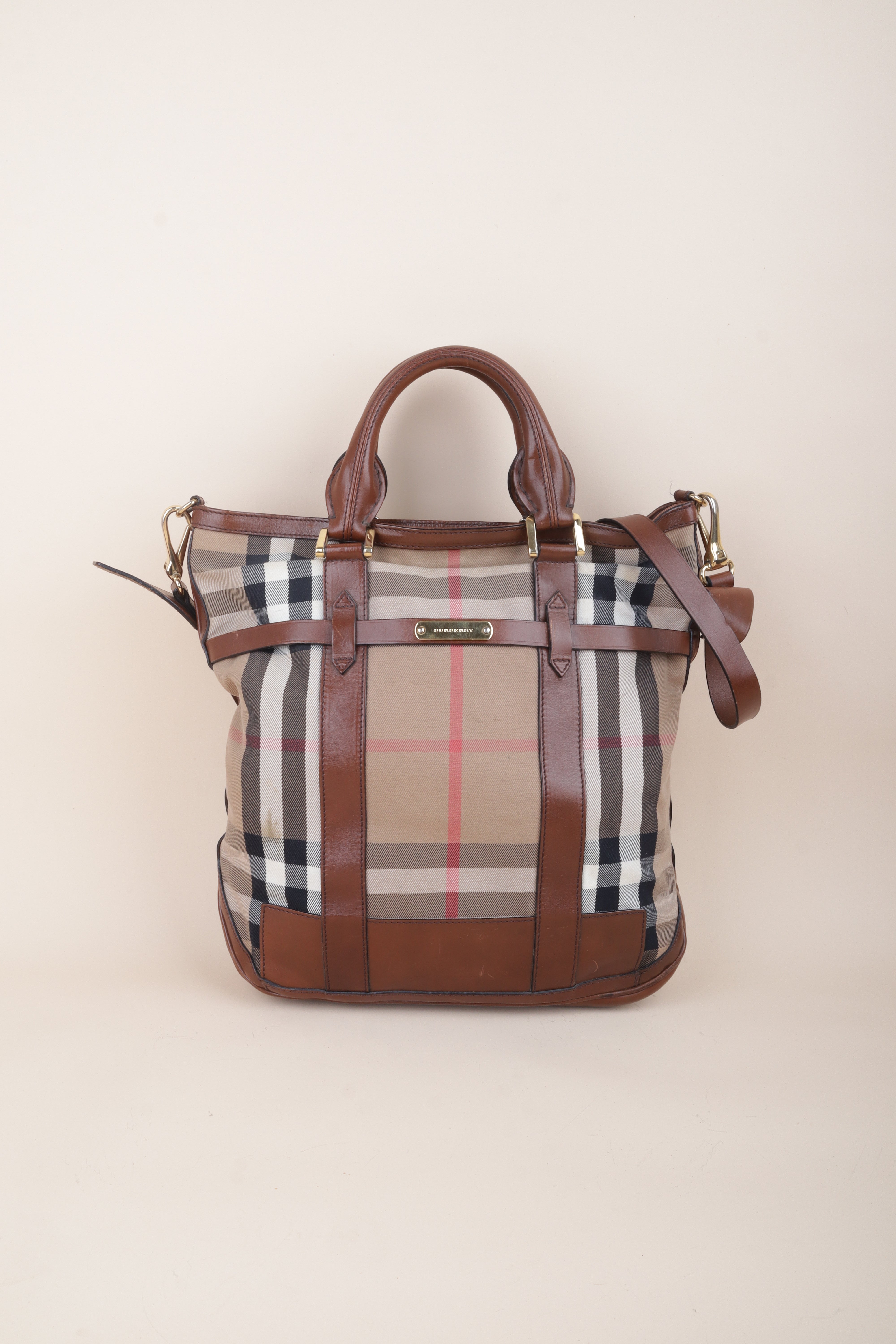Burberry Bicolor House Check Bridle Kenny Tote Bag with Strap