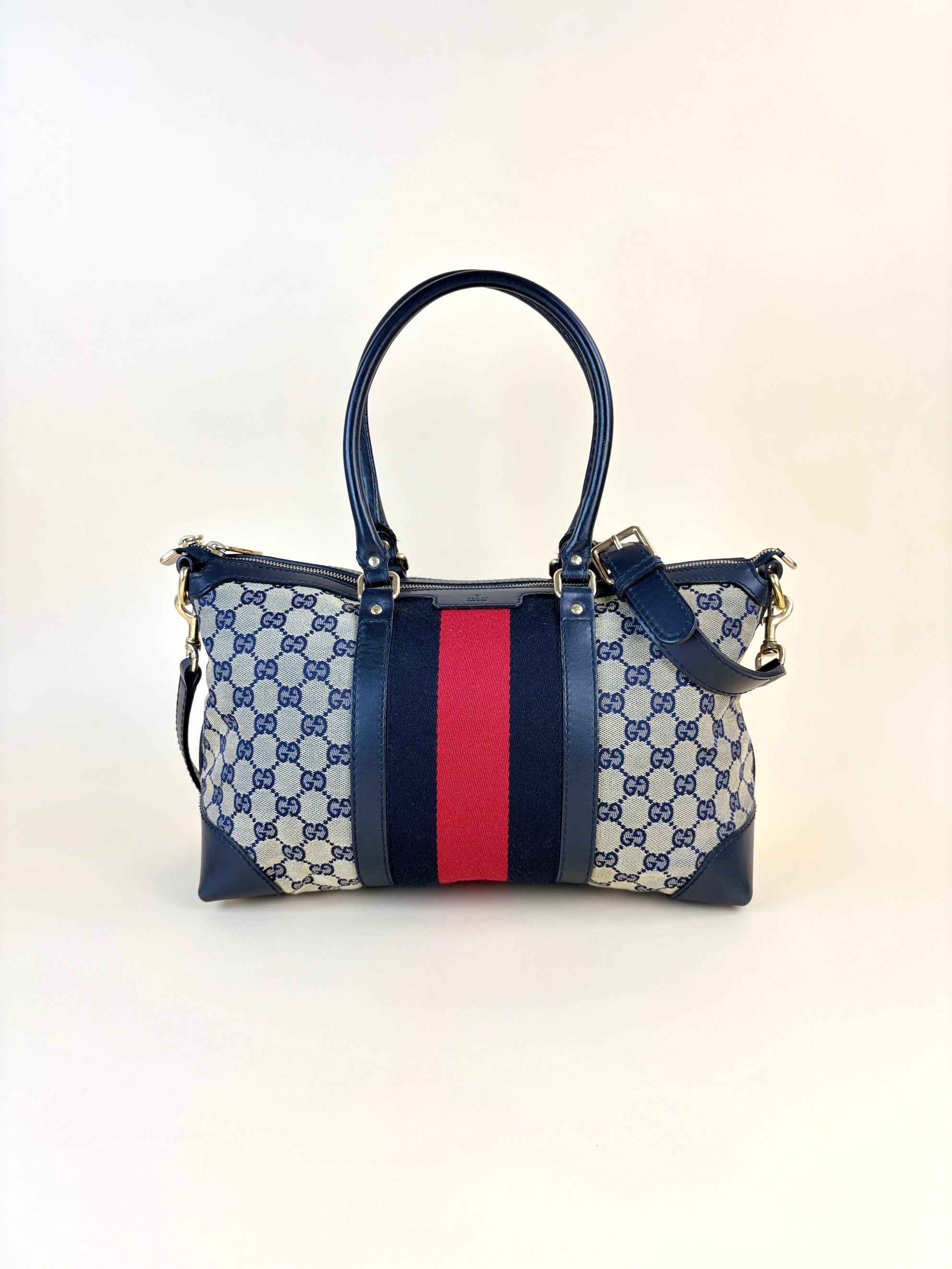Gucci gg canvas blue leather web rania bag