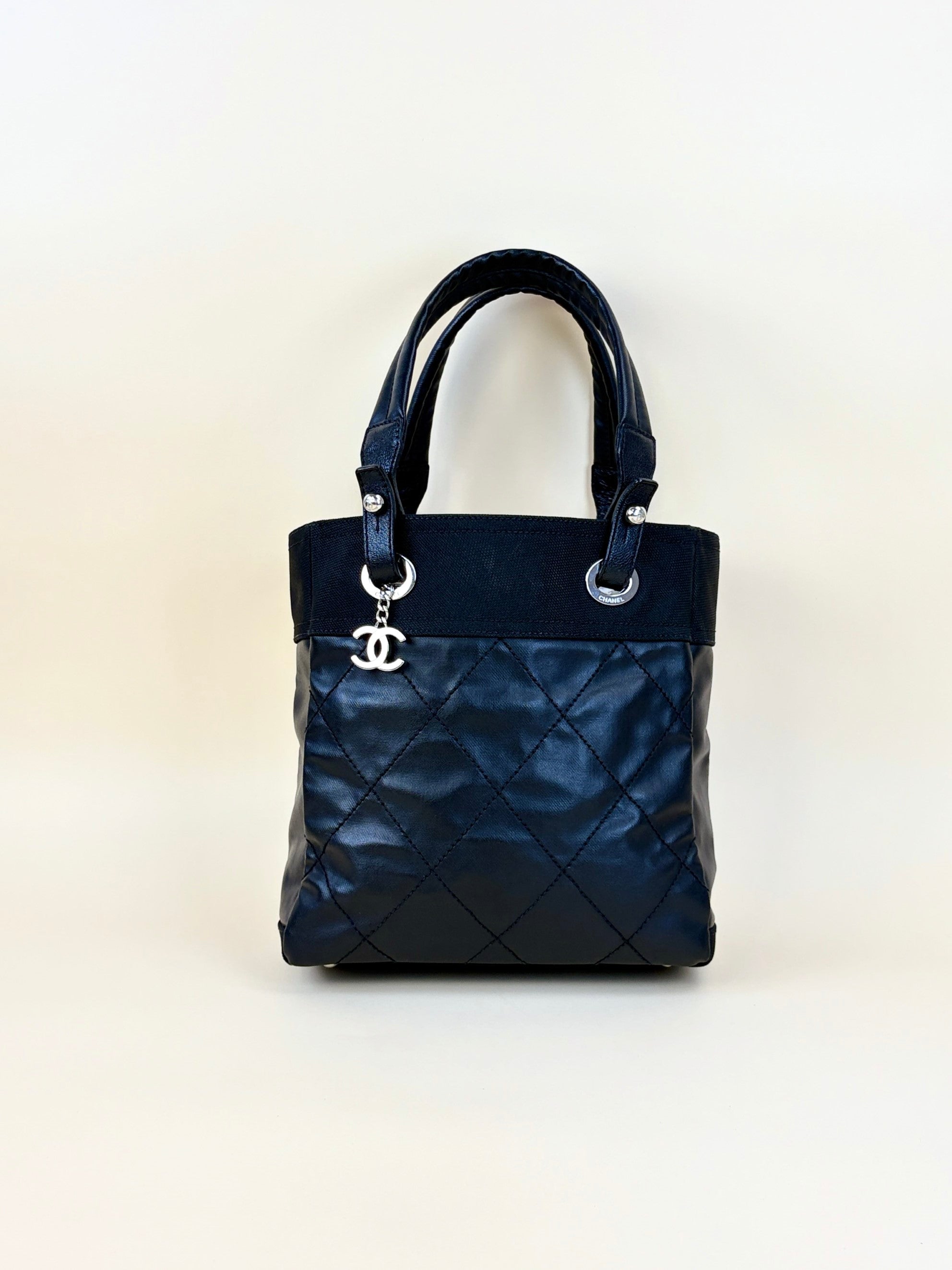 Chanel black coated canvas quilted small Paris Biarritz tote bag