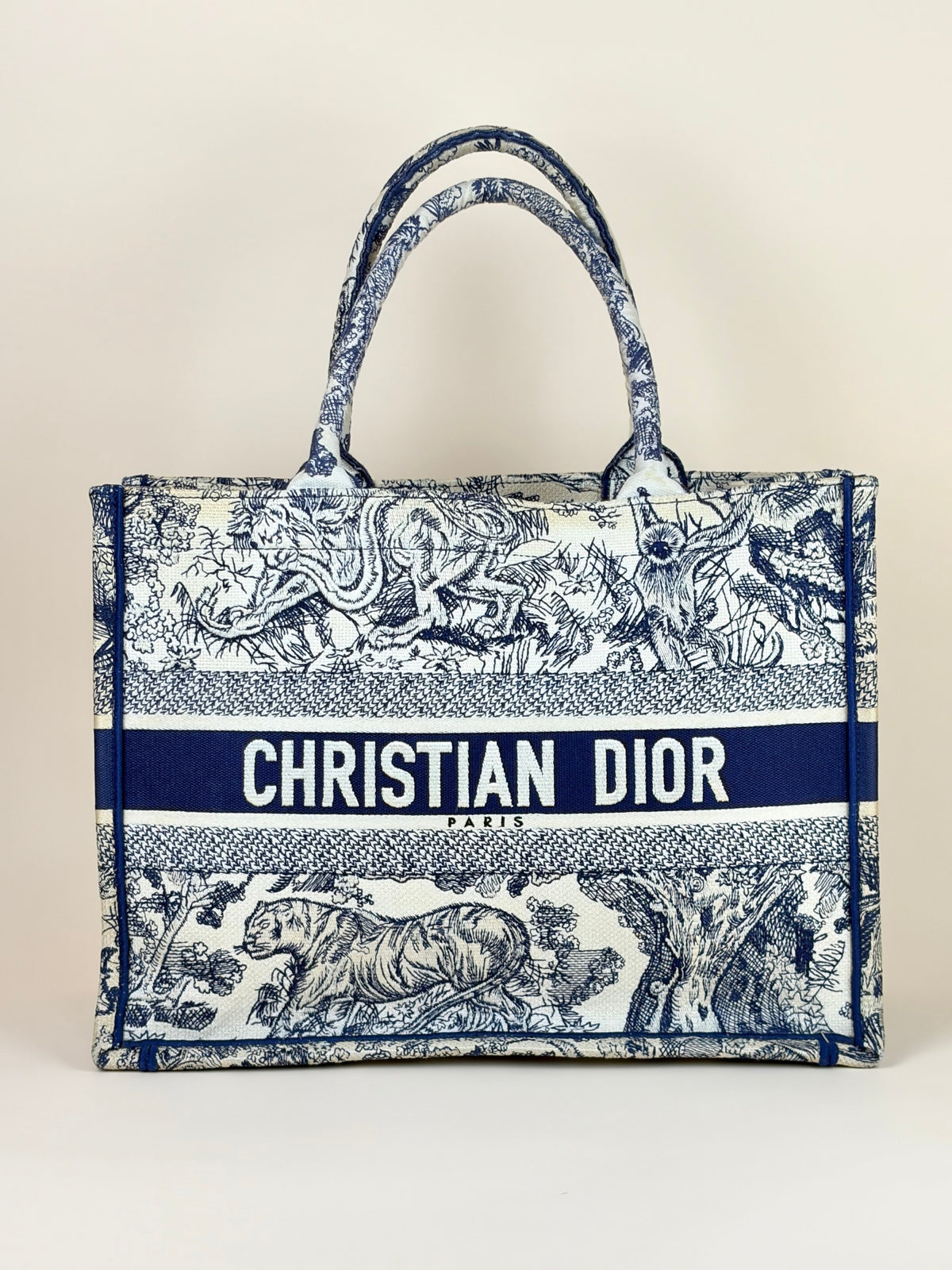 Christian Dior blue/white toile de Jouy reverse embroidery medium book tote bag