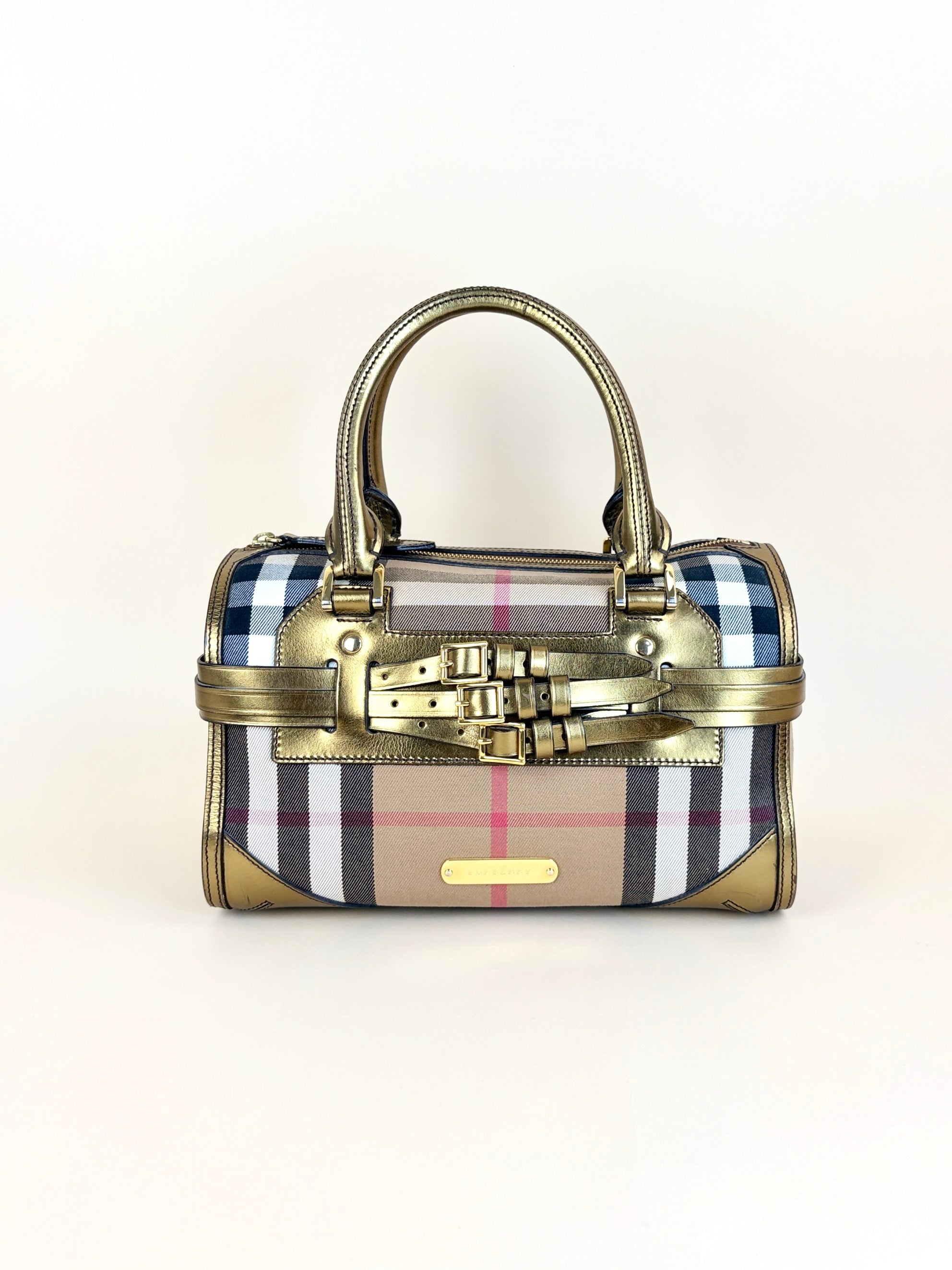 Burberry gold leather house check bridle chaste bowler bag