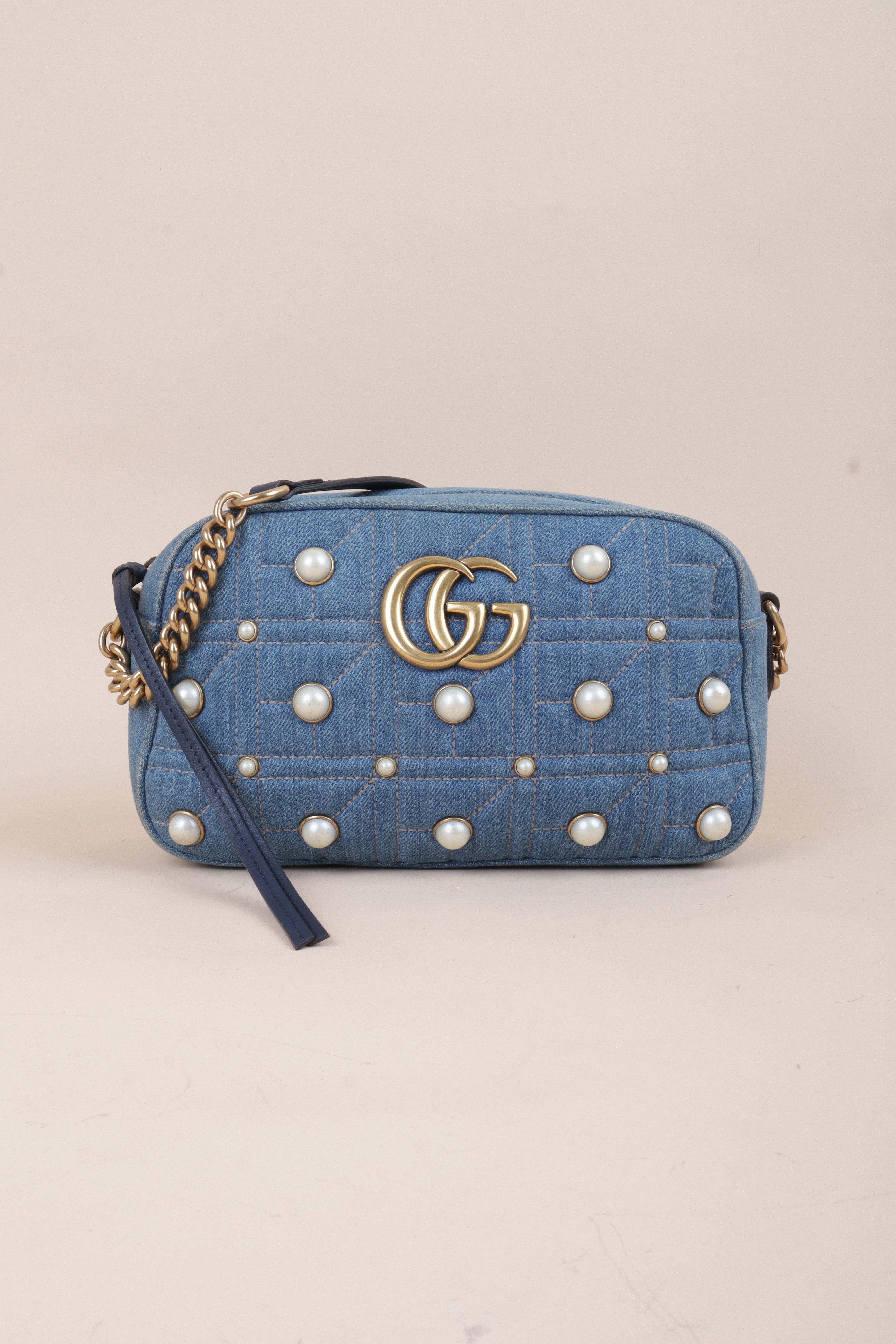 Gucci Blue Denim Marmont Pearl Crossbody Bag