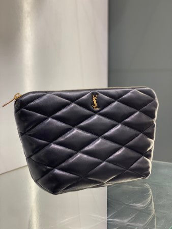 YSL Black Sade Quilted Medium Pouch