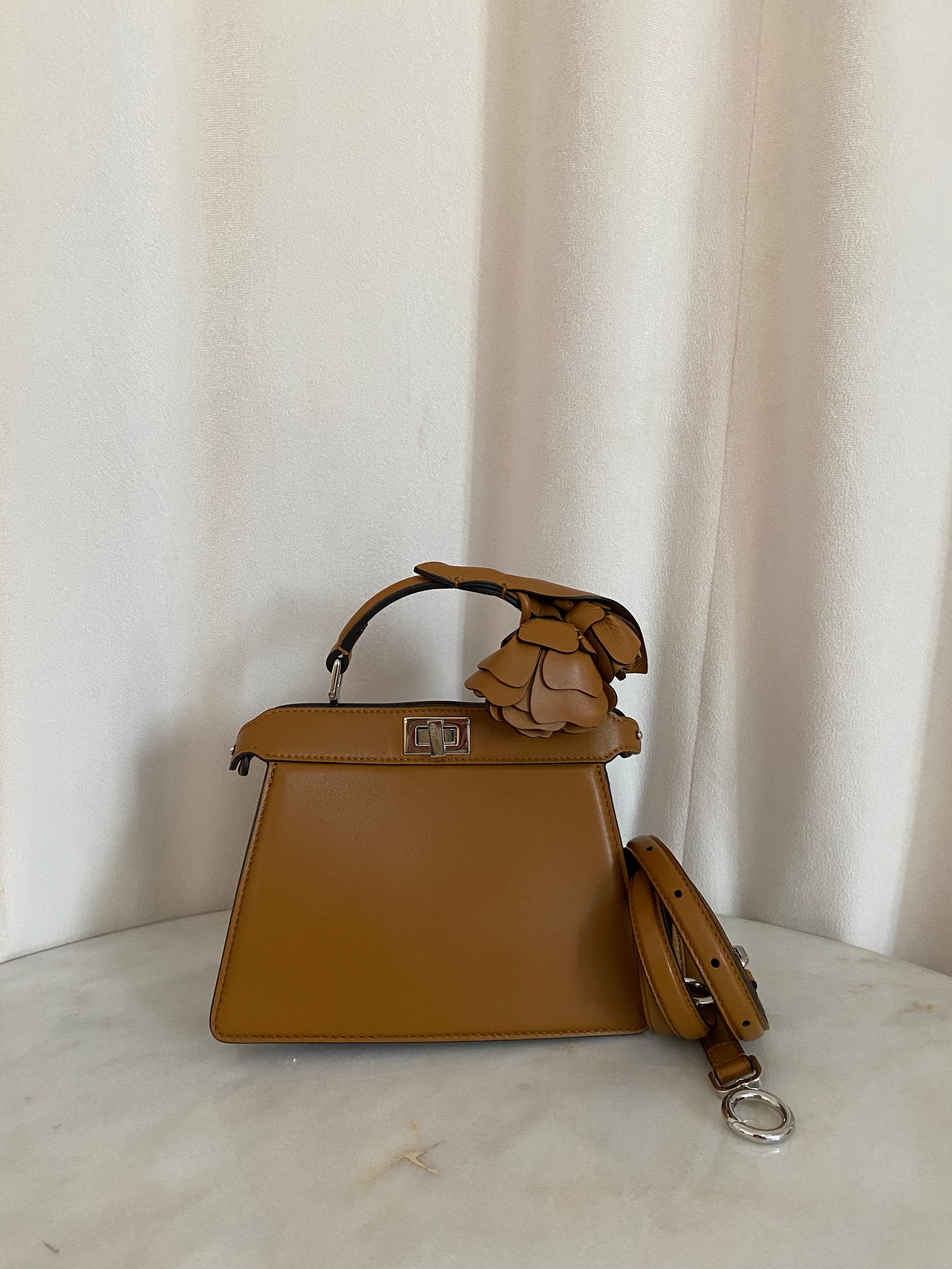 Fendi Brown Flower Petite Peekaboo Top Handle Bag W/ Strap