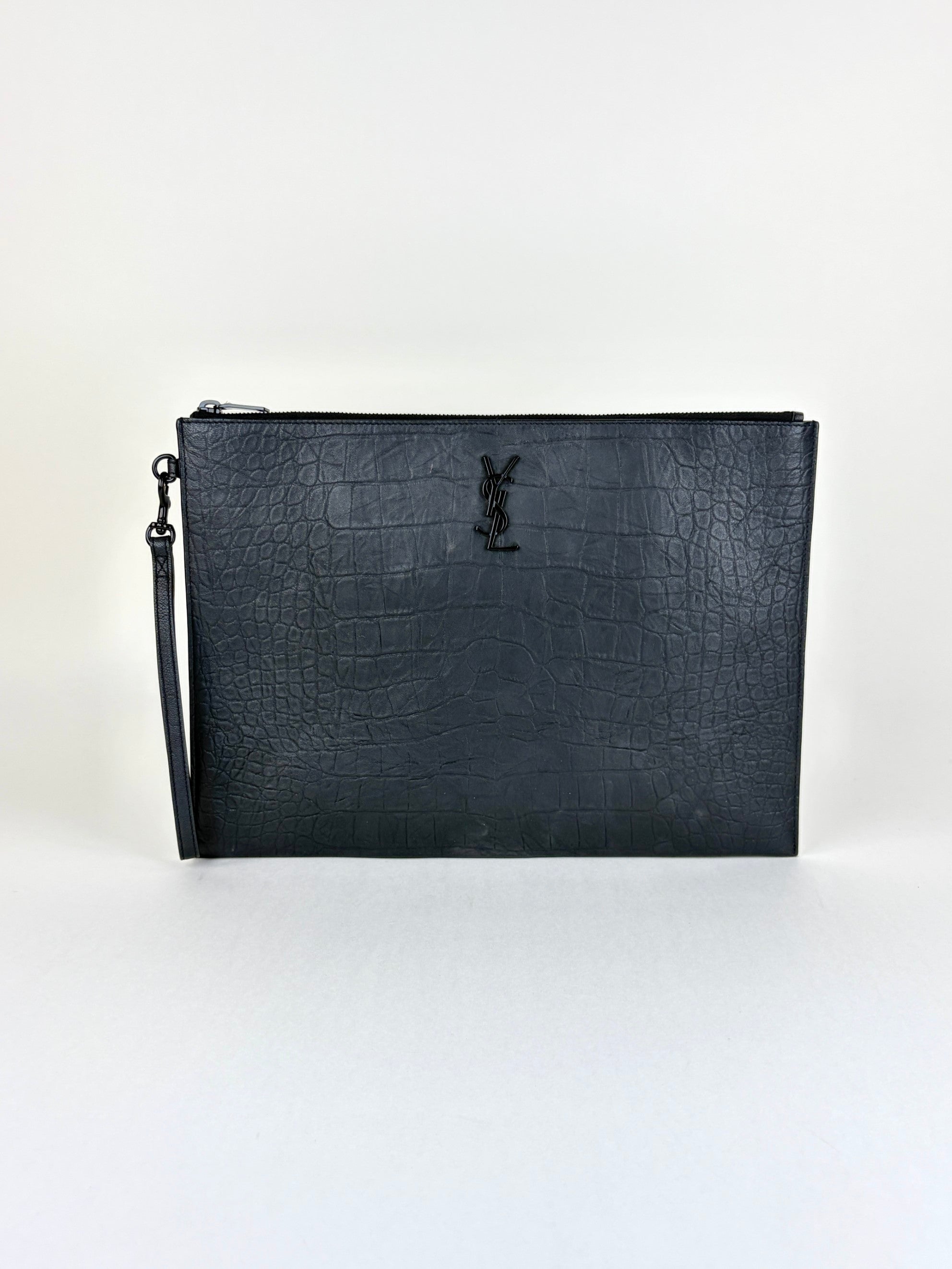 YSL black crocodile embossed monogram document pouch