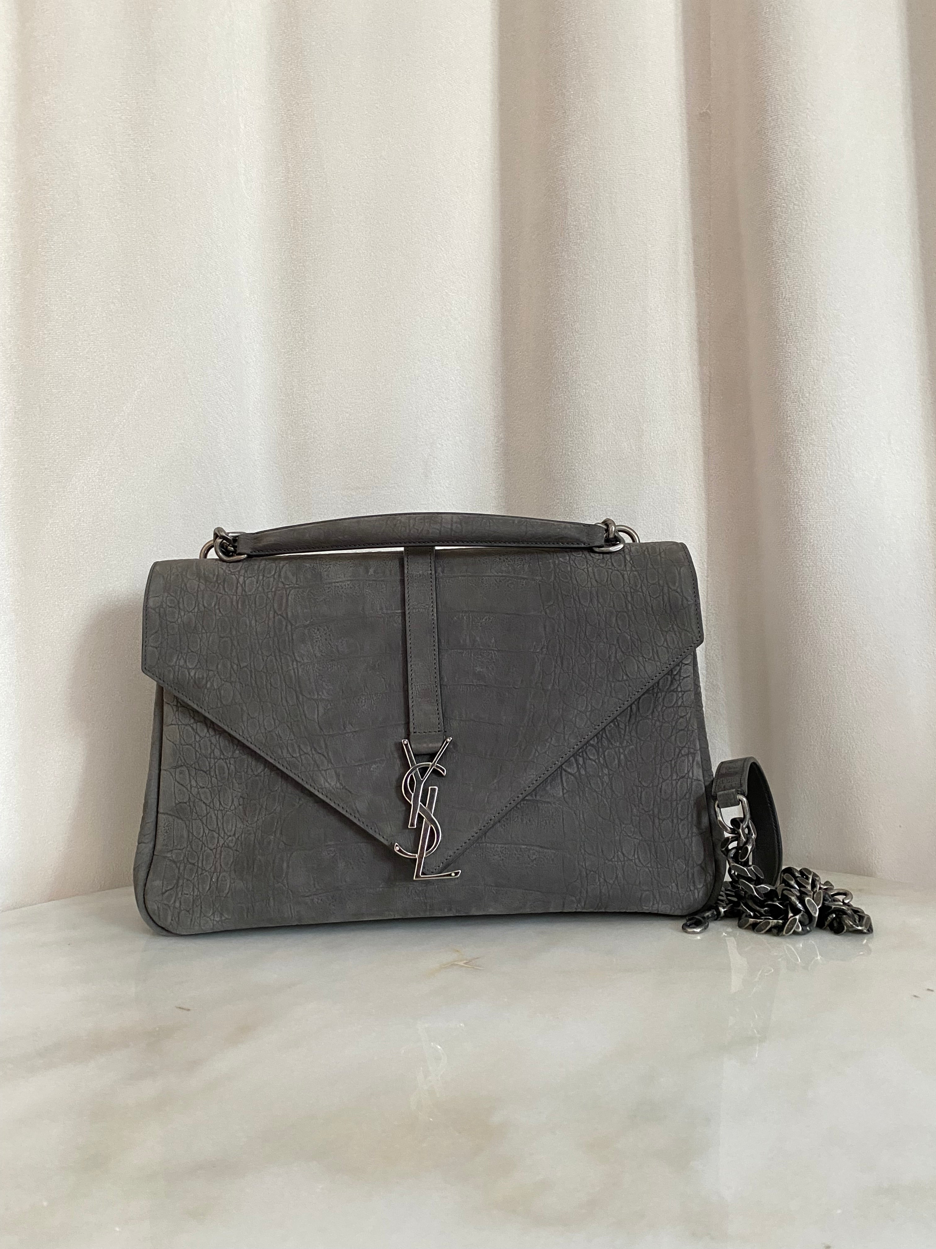 YSL Grey Croco Embossed Nubuck Collage Bag