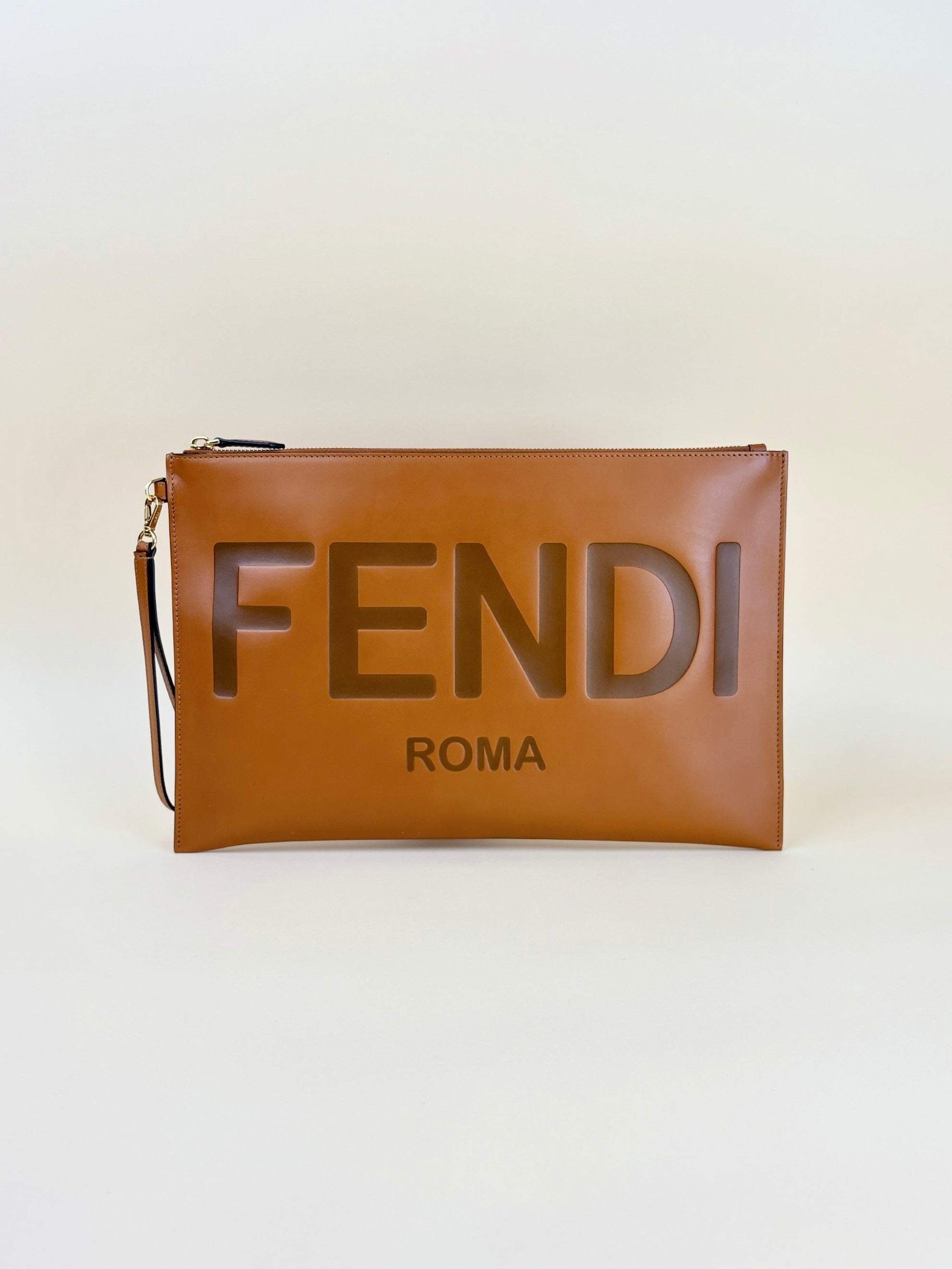 Fendi camel vitello kink Fendi roma logo embossed flat pouch