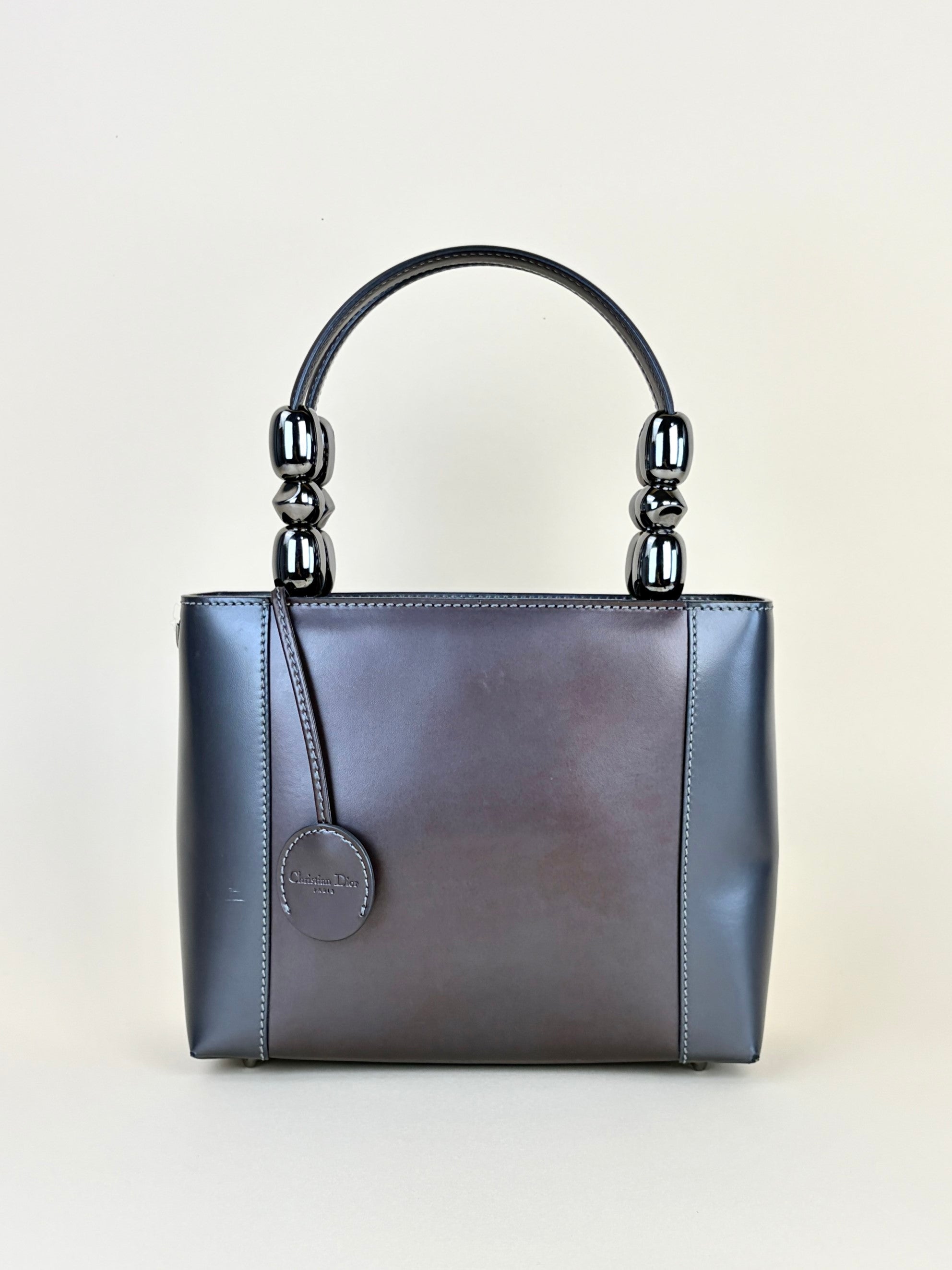 Dior dark grey patent chrome beaded malice small tote bag