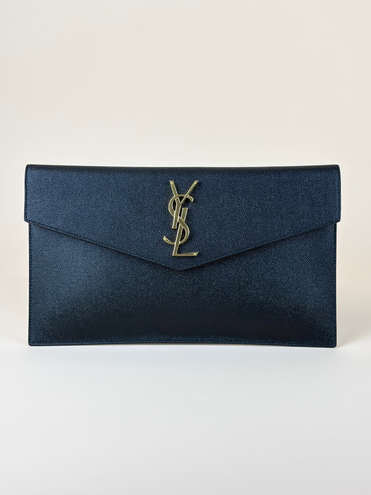 YSL black grain de p leather uptown pouch