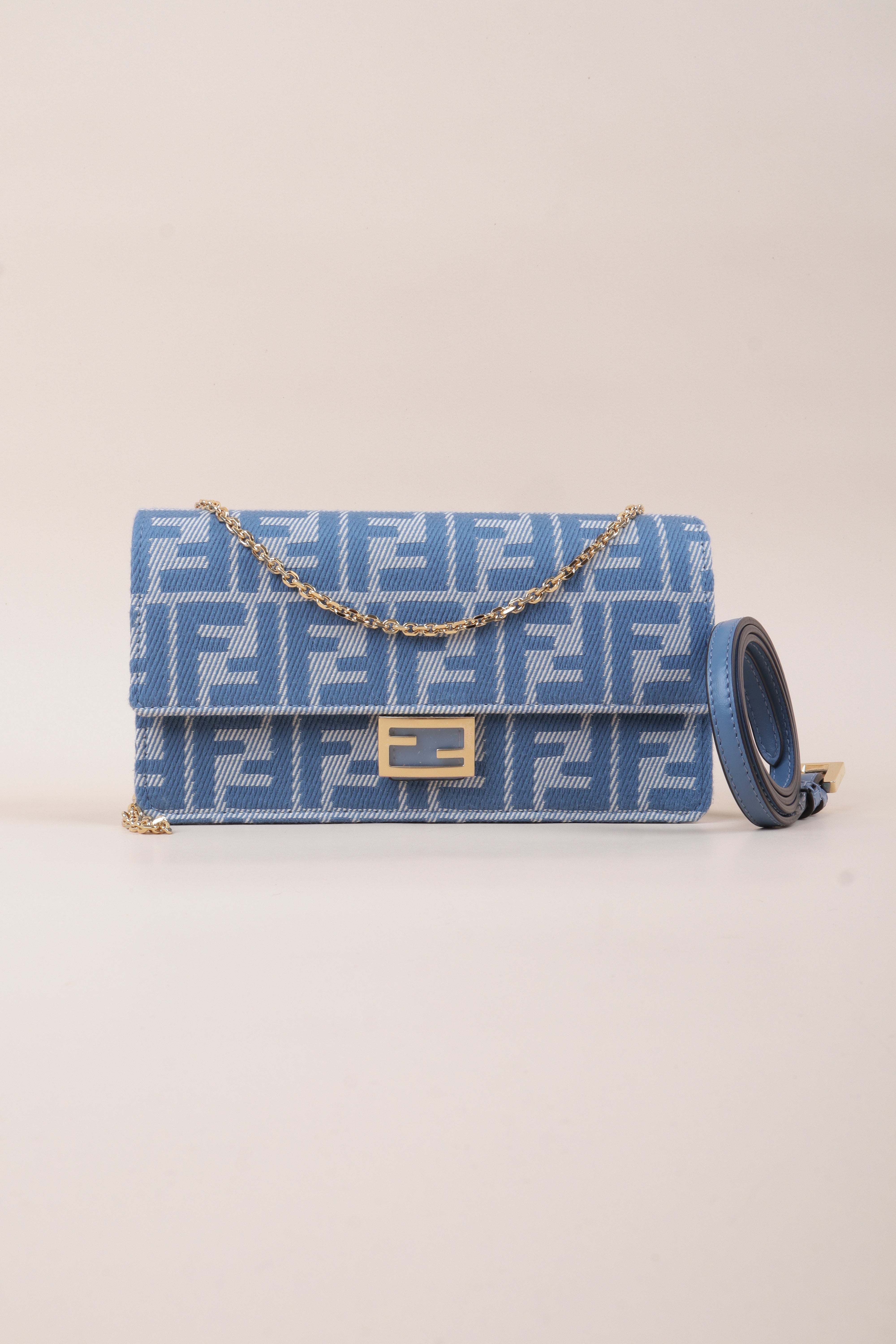 Fendi Bicolor Jacquard Denim Slim Baguette Wallet on Chain with Strap