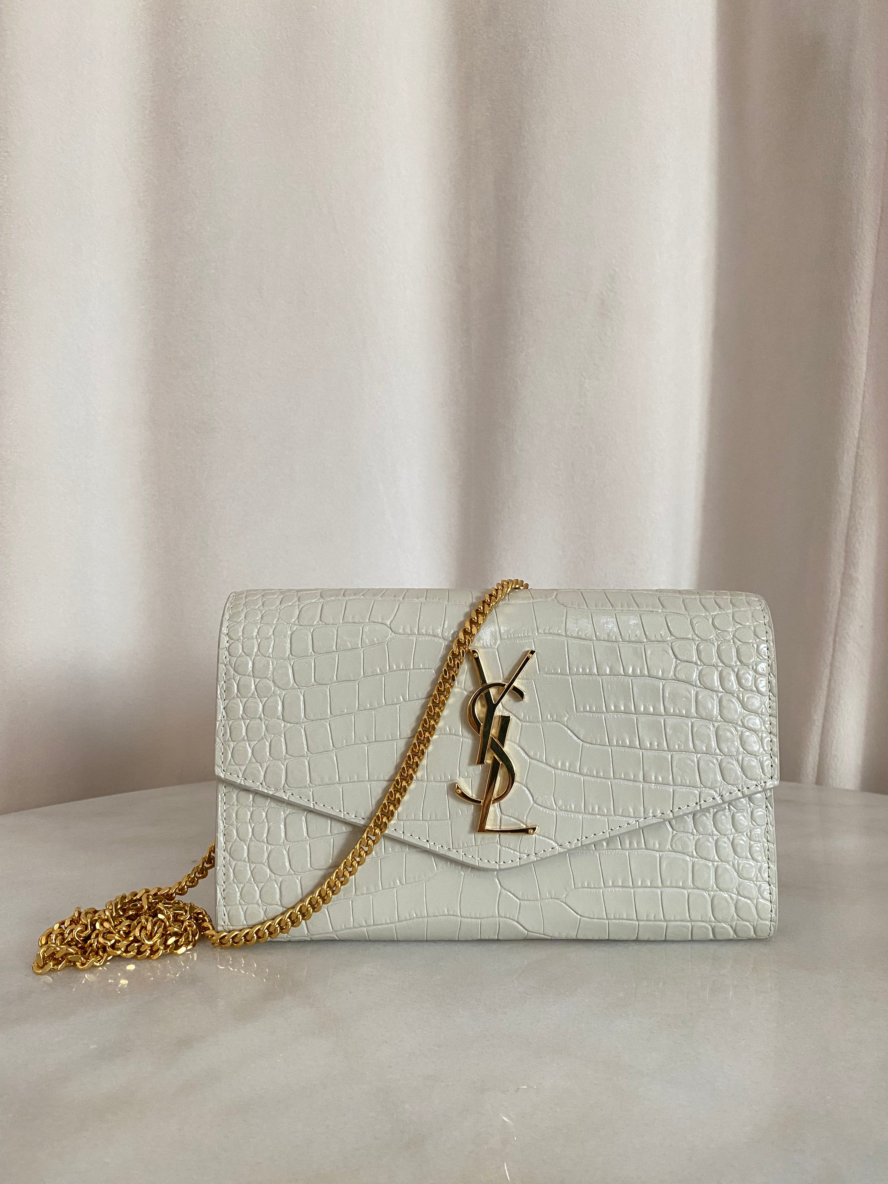 YSL Beige Croco Uptown Wallet on Chain