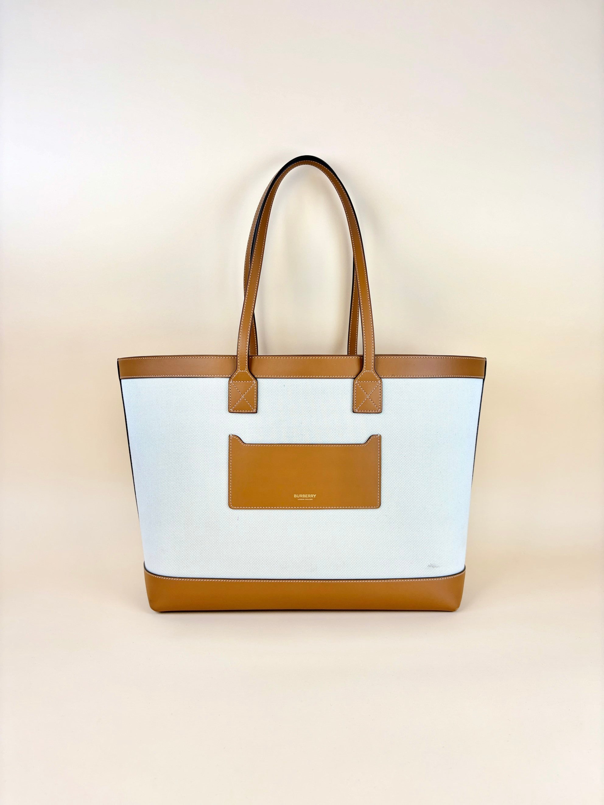 Burberry euro camel leather tirmed white canvas md London tote bag