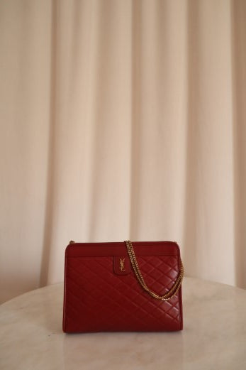 YSL Red Monogram Quilted Lambskin Victoire Chain Clutch Bag