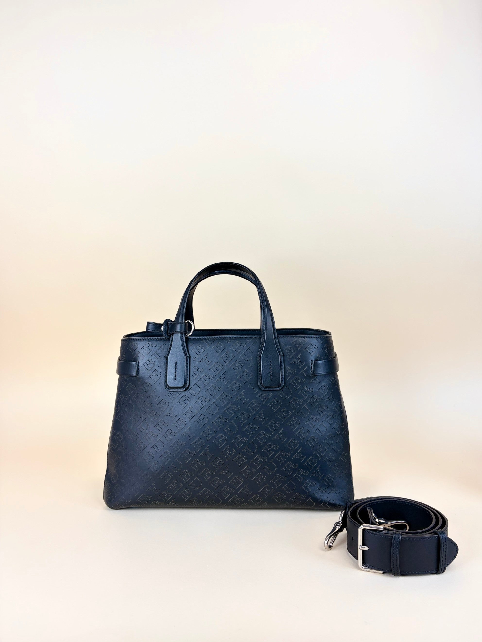 Burberry Black perforated leather logo banner medium tote bag