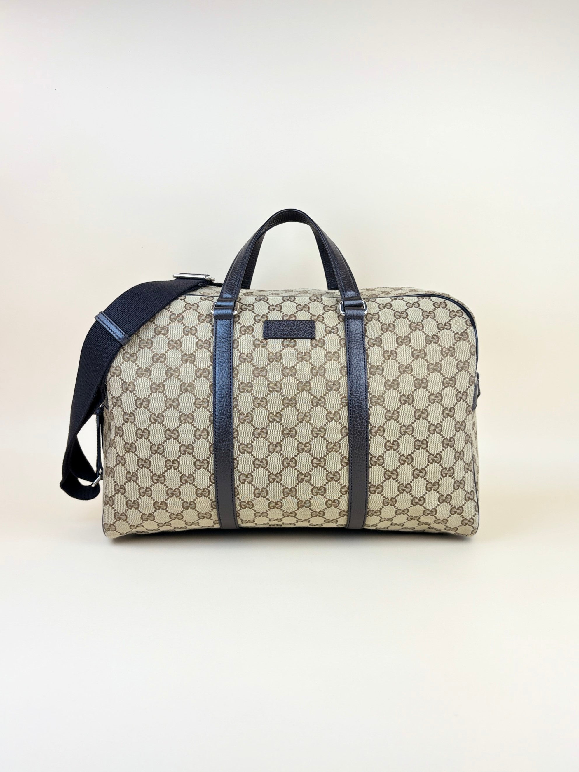 Gucci beige gg monogram canvas and brown calfskin Boston duffle bag
