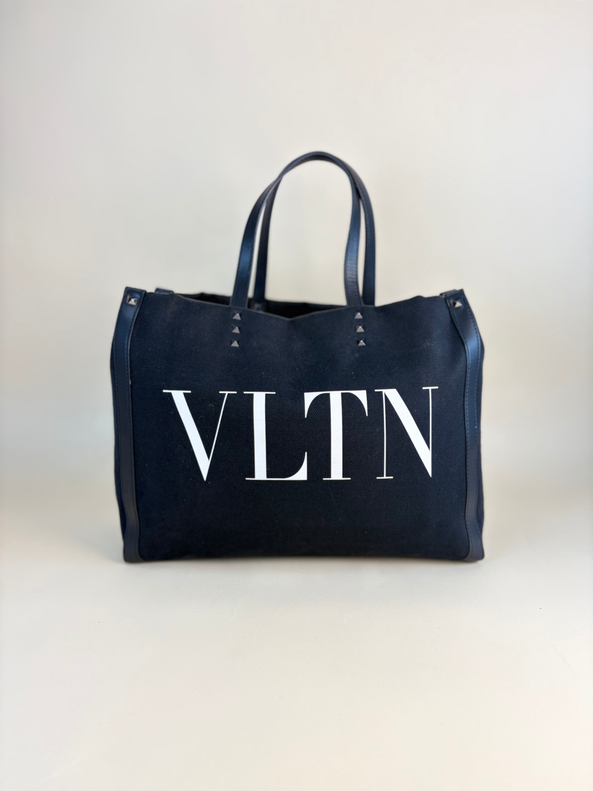 Valentino black canvas calfskin VL TN logo print small rock studs tote bag