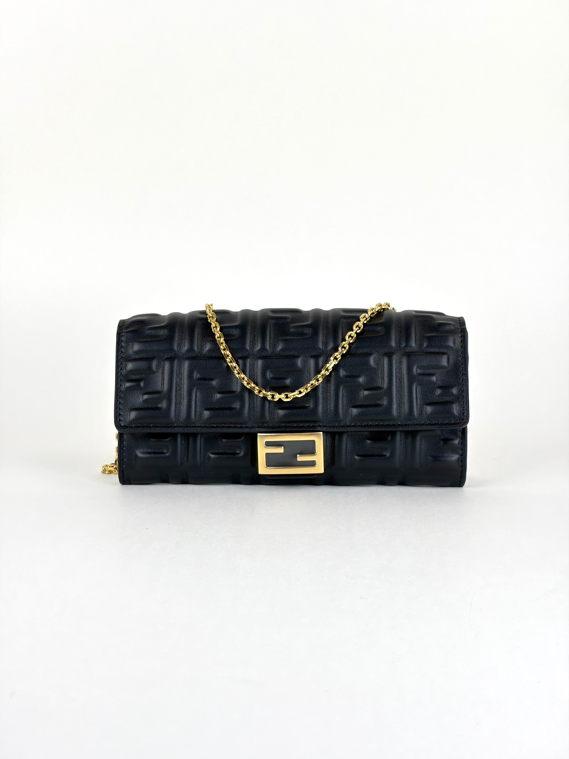 Fendi black embossed ff baguette continental wallet on chain