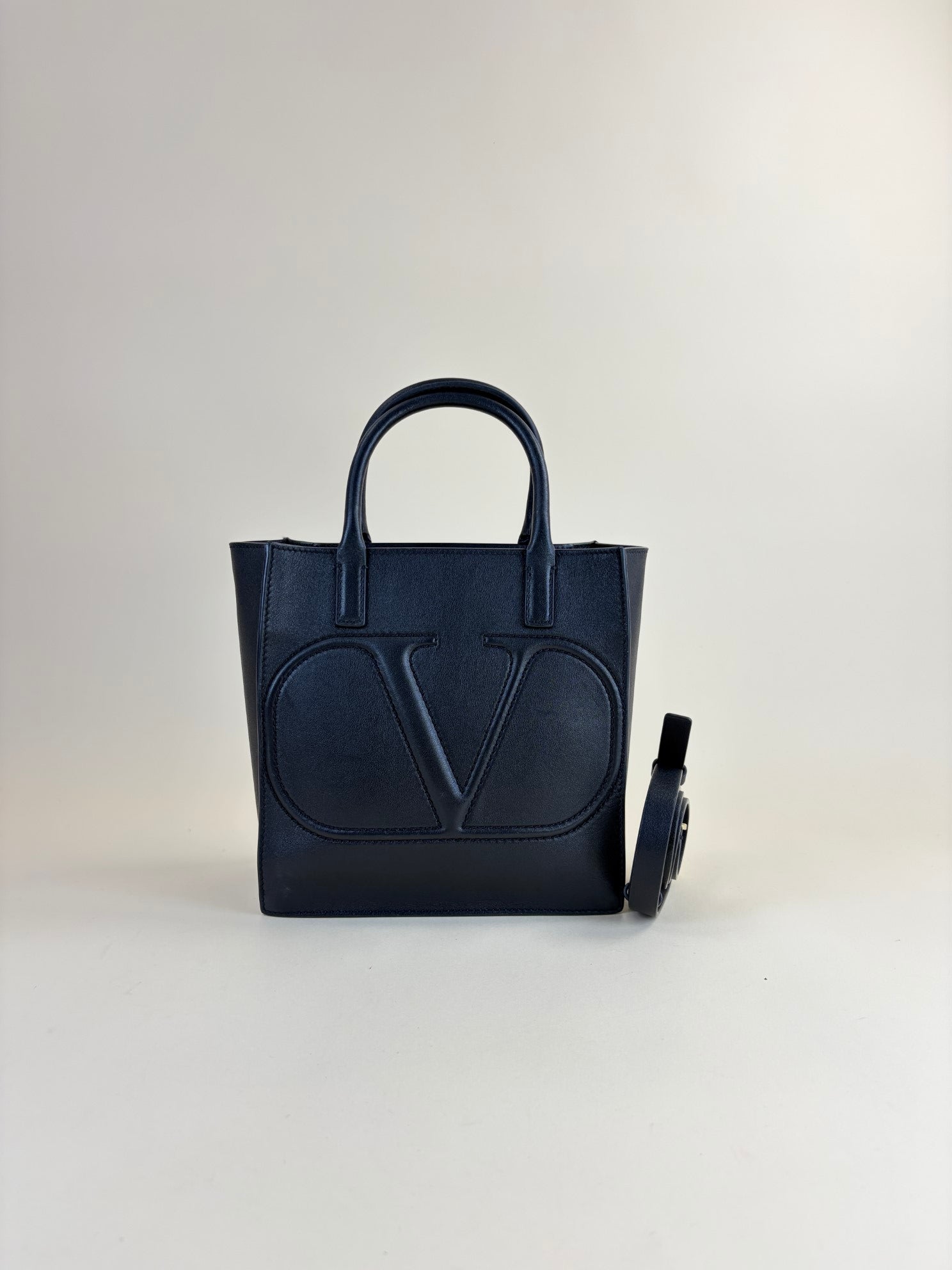 Valentino Black V Logo Walk Small Tote Bag with Strap