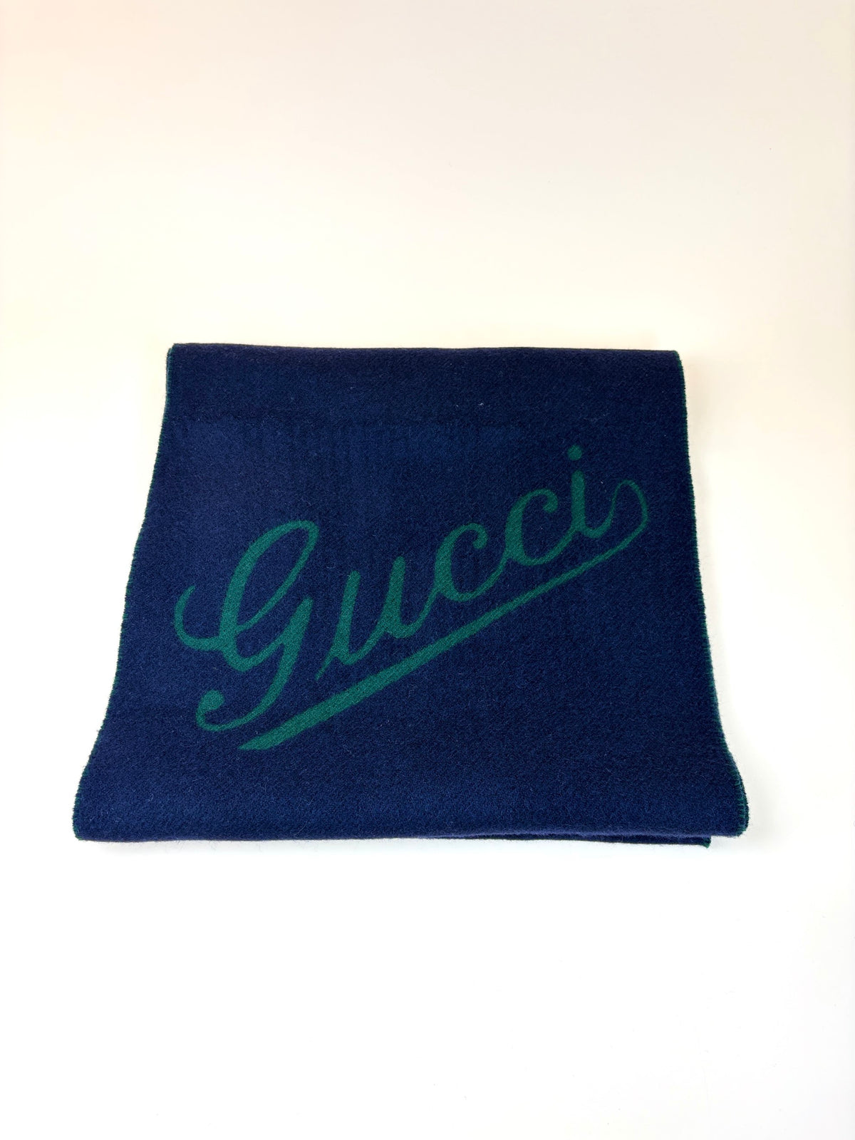 Gucci script in blue/green wool cashmere scarf