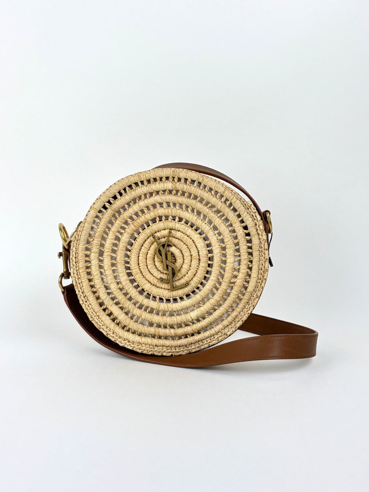 YSL natural /brick raffia round crossbody bag