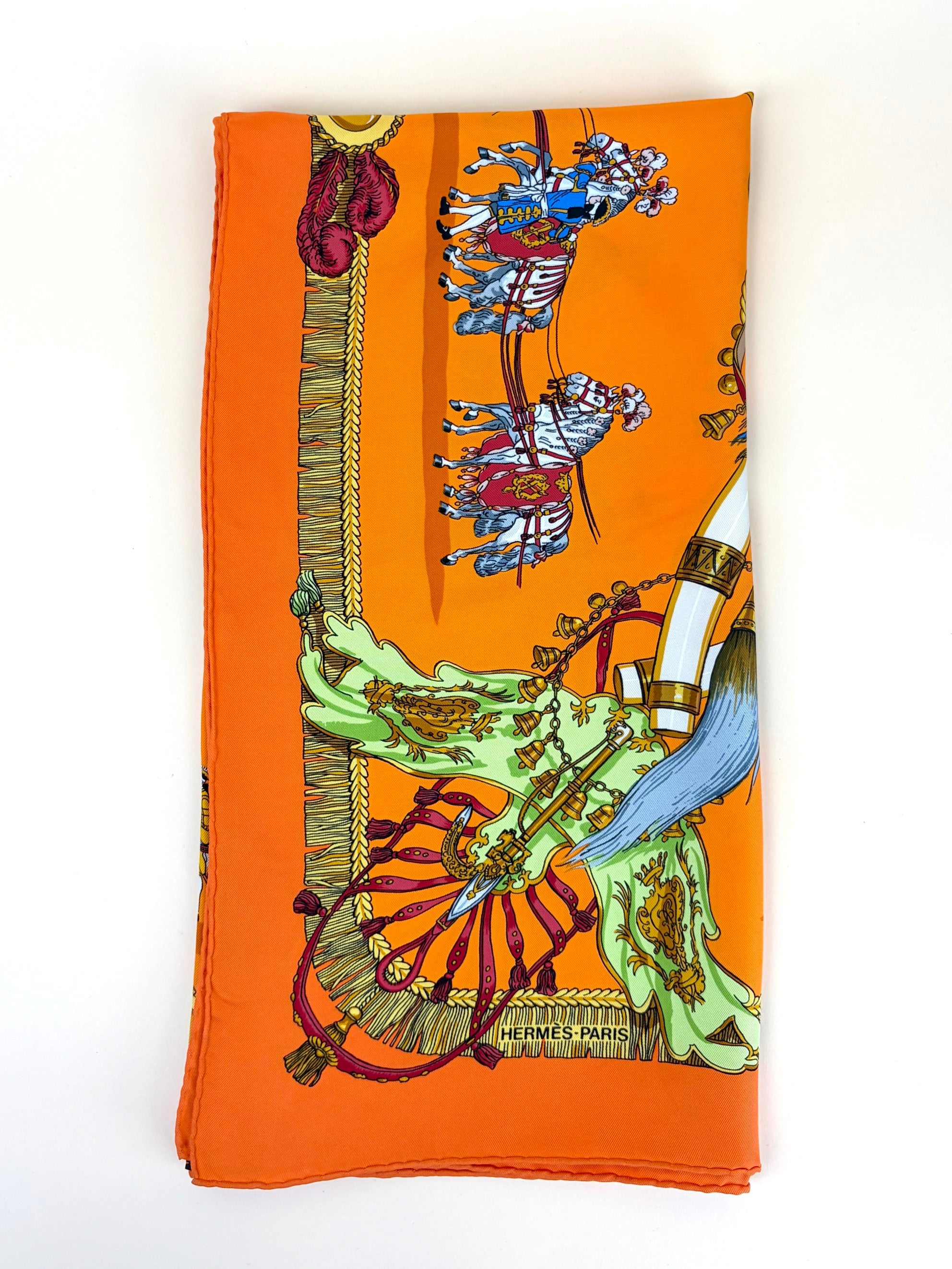 Hermes caparacons de la fransce et de lindie multi color orange silk scarf