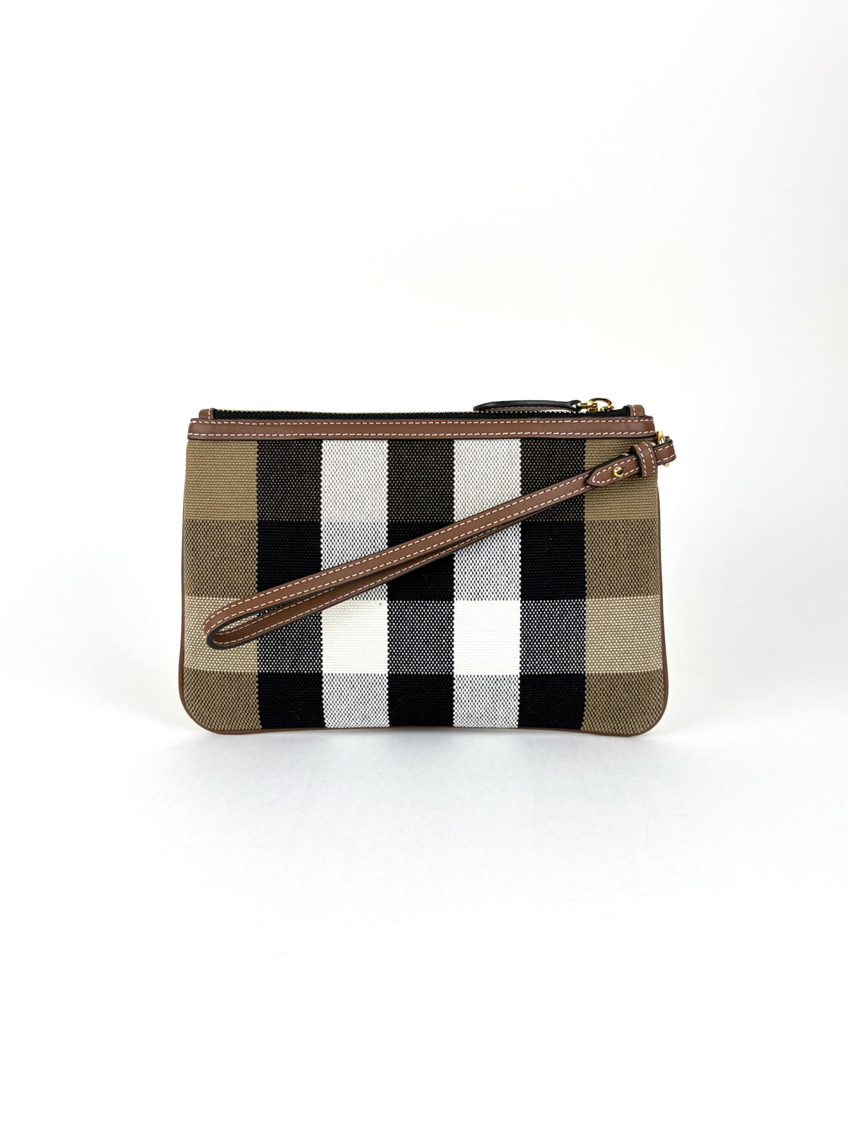 Burberry taupe brown leather/house check canvas new Peyton wristlet pouch