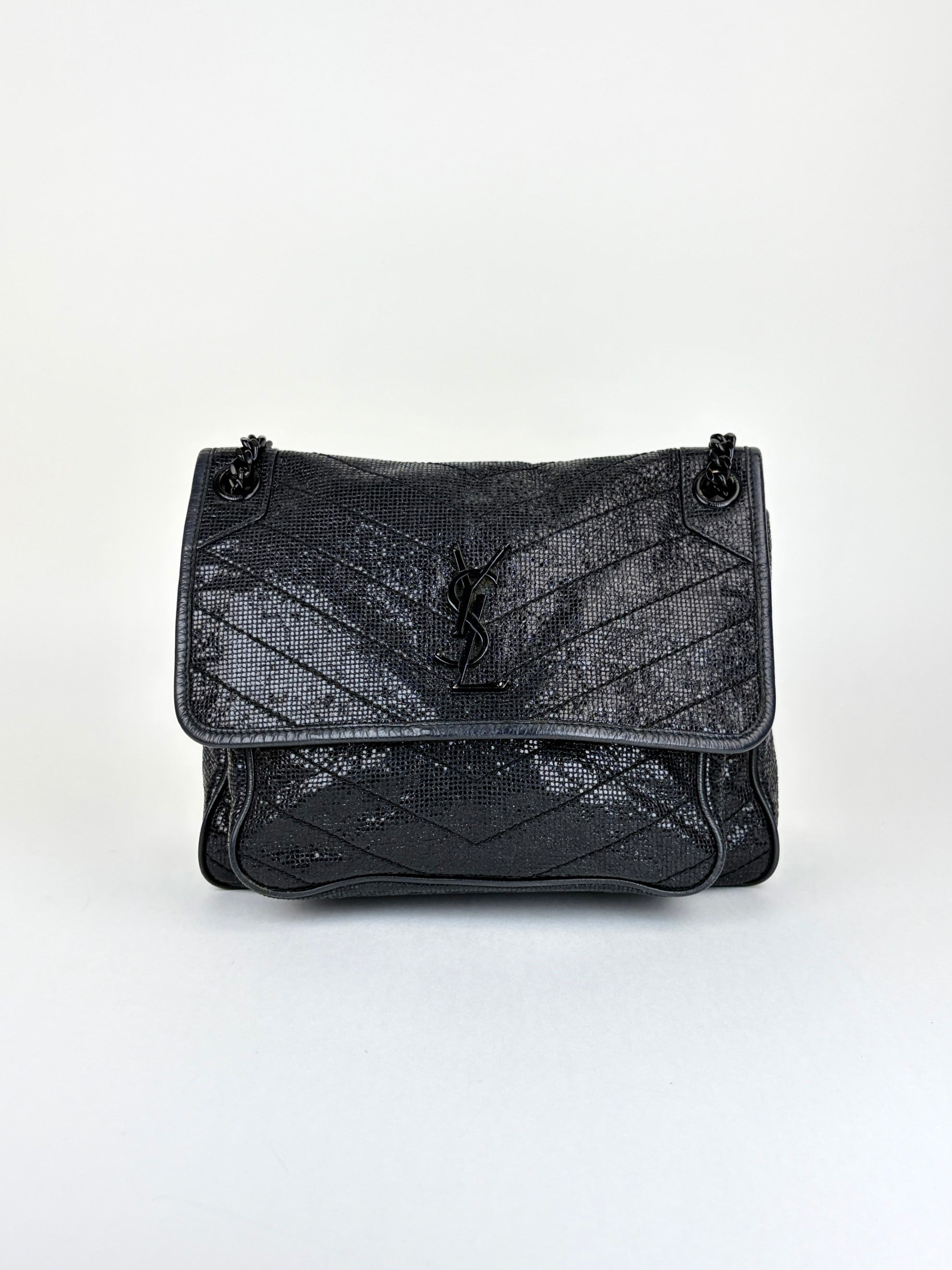 YSL Black metallic cracked calfskin monogram medium shoulder bag
