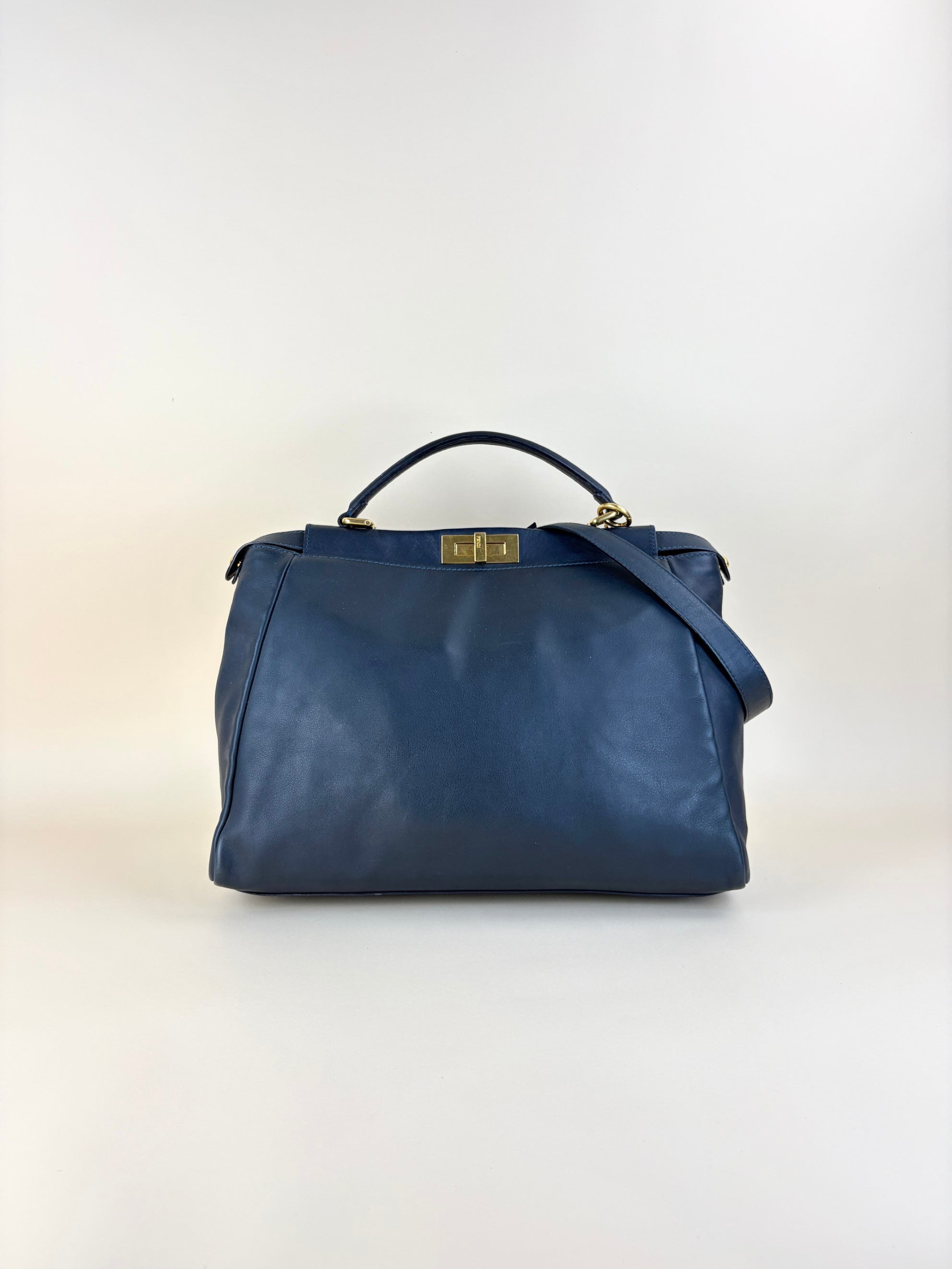 Fendi navy calfskin denim Zucca large Peekaboo leather
