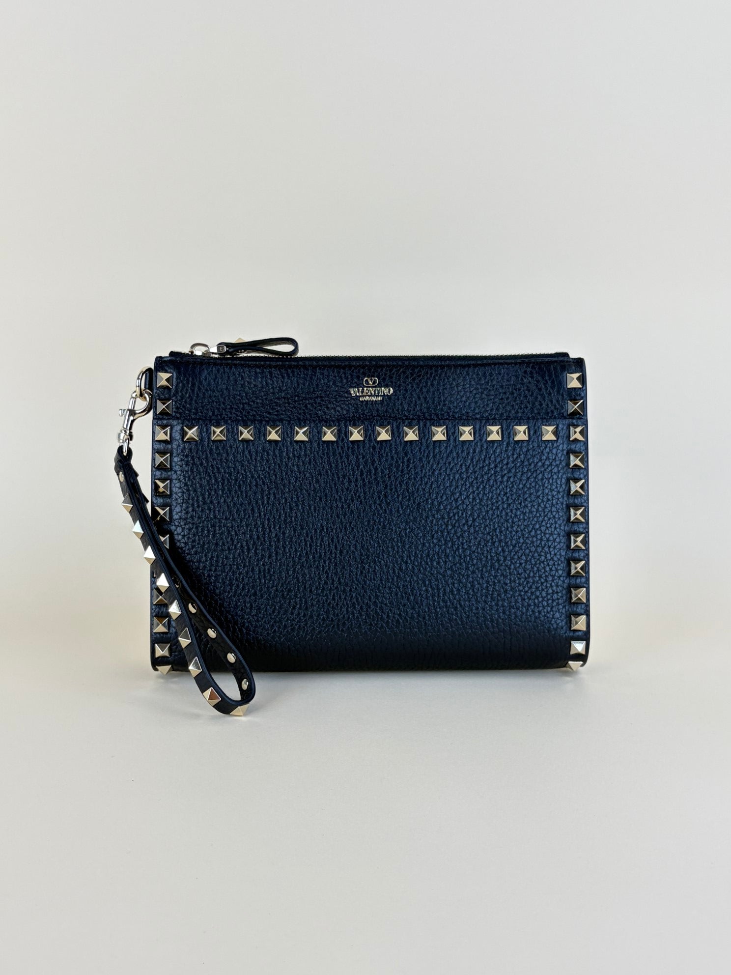 Valentino Black pebbled calfskin rockstud medium zip pouch
