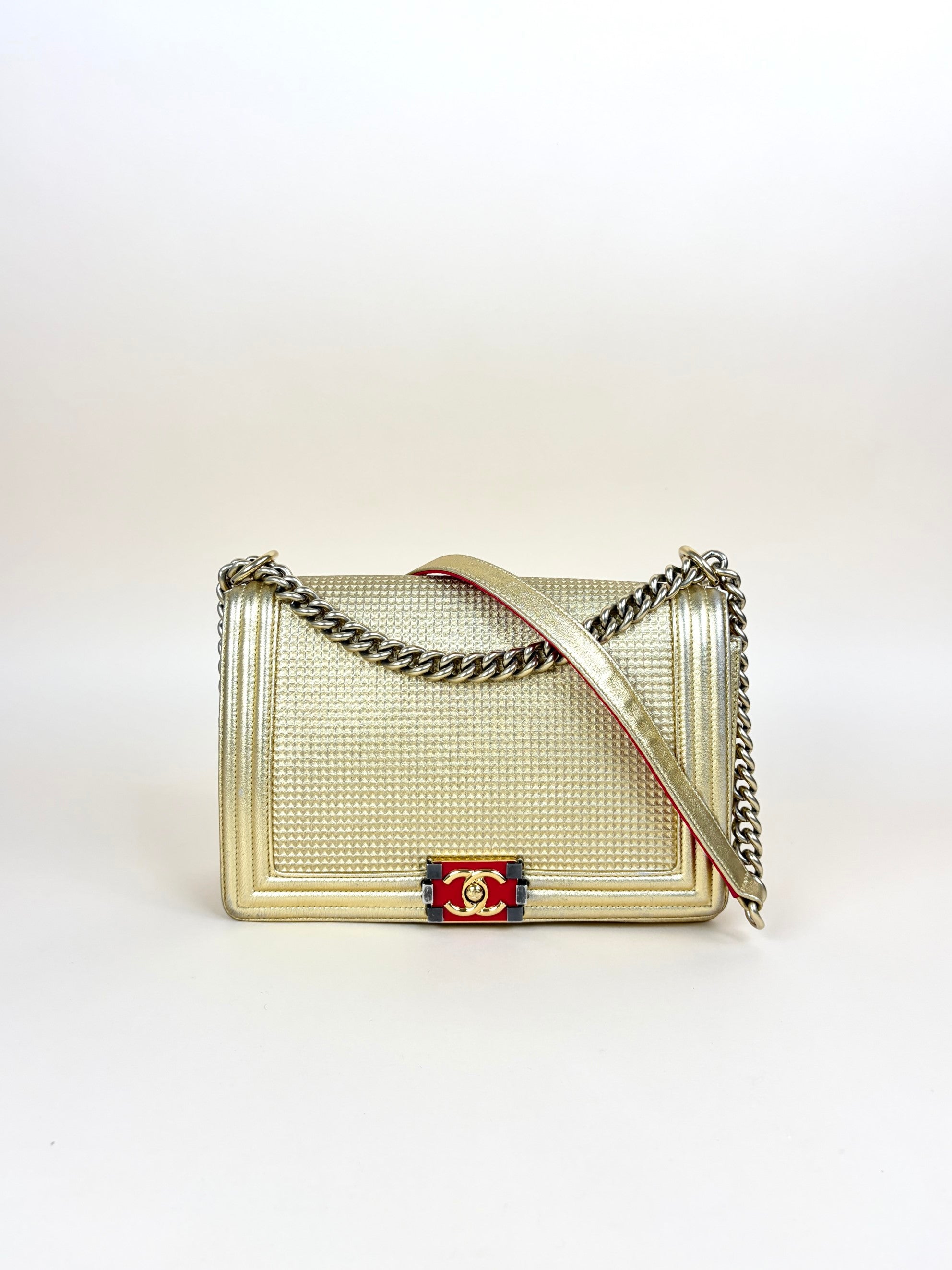 Chanel metallic gold lambskin cube embossed new medium
