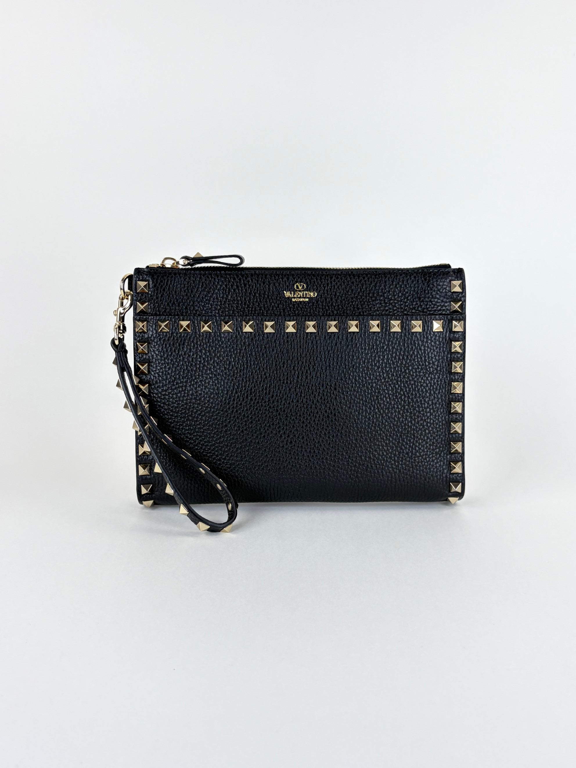 Valentino Black pebbled calfskin rock stud medium zip pouch