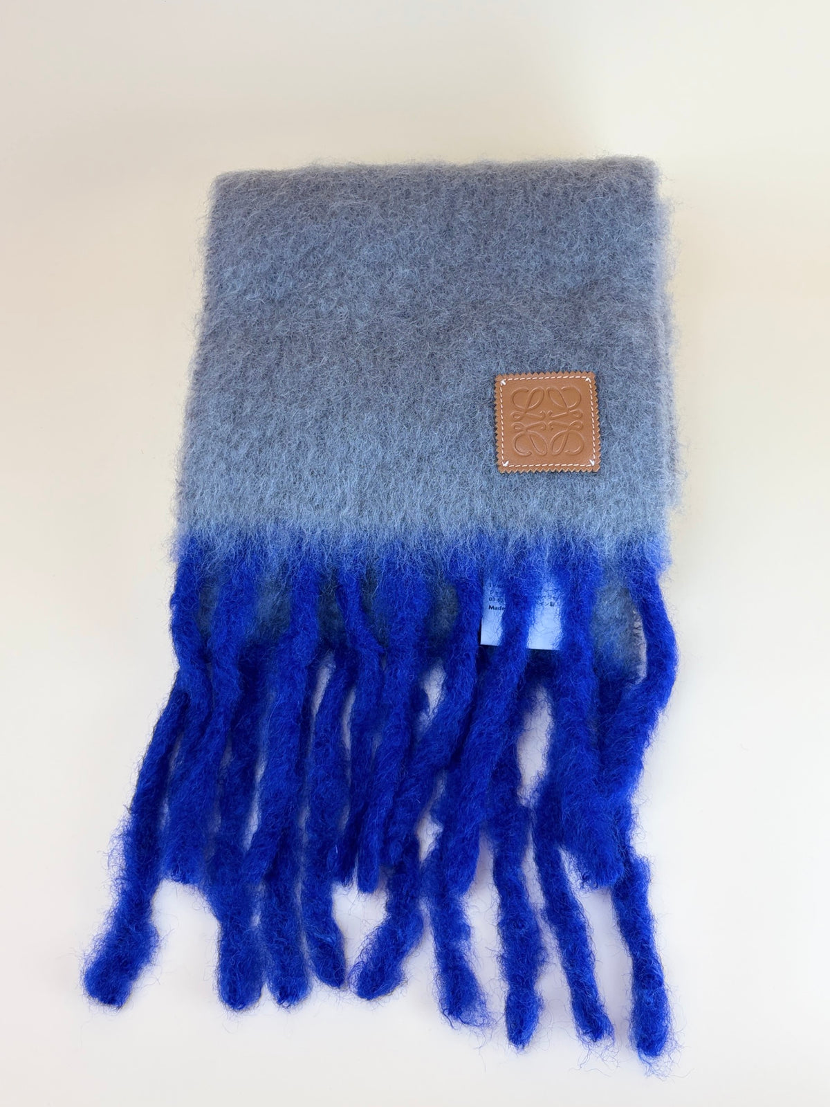 Loewe blue/grey fringed leather trimmed two tone mohair blend scarf