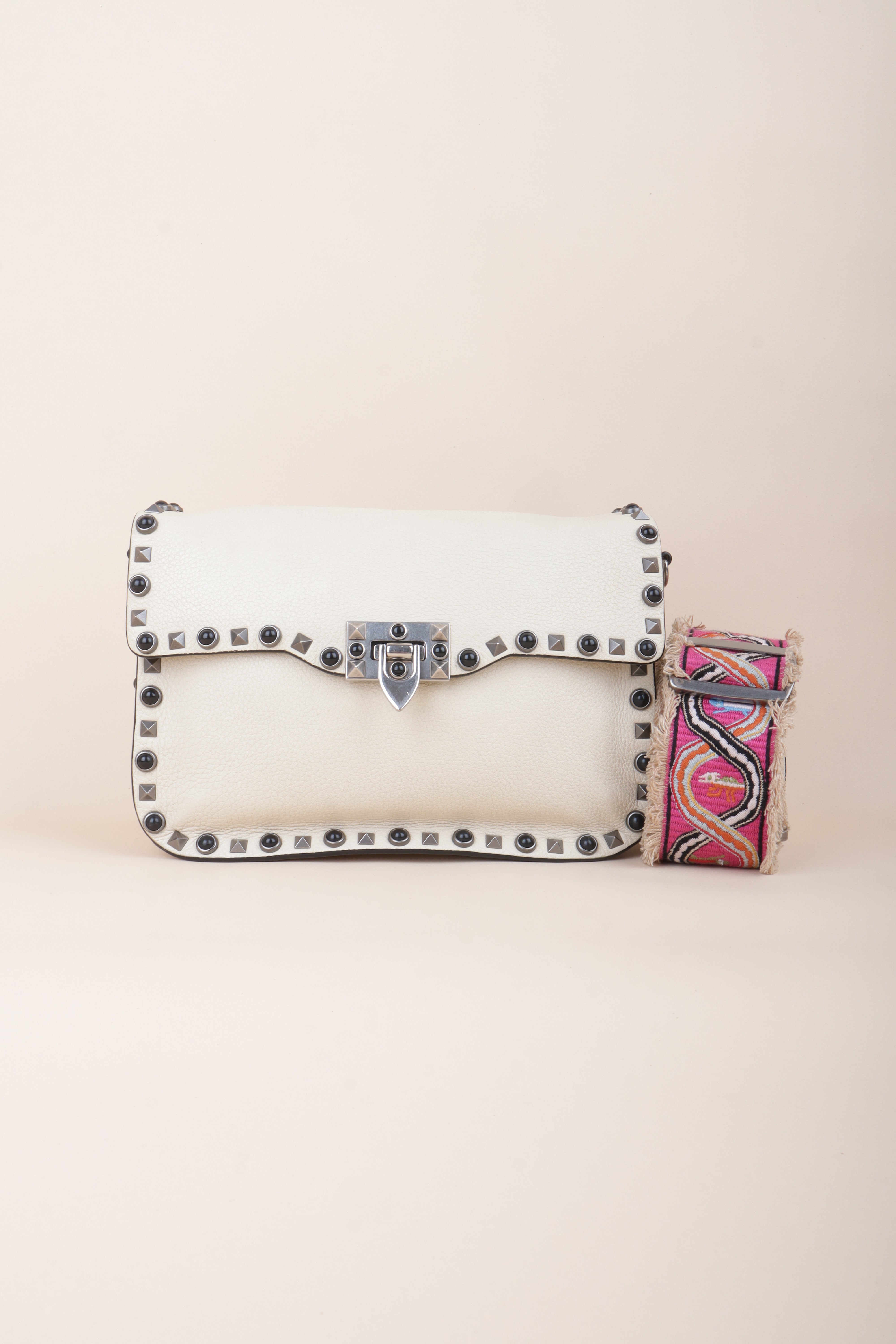 Valentino Ivory Cream Guitar Strap Rolling Rockstud Crossbody Bag