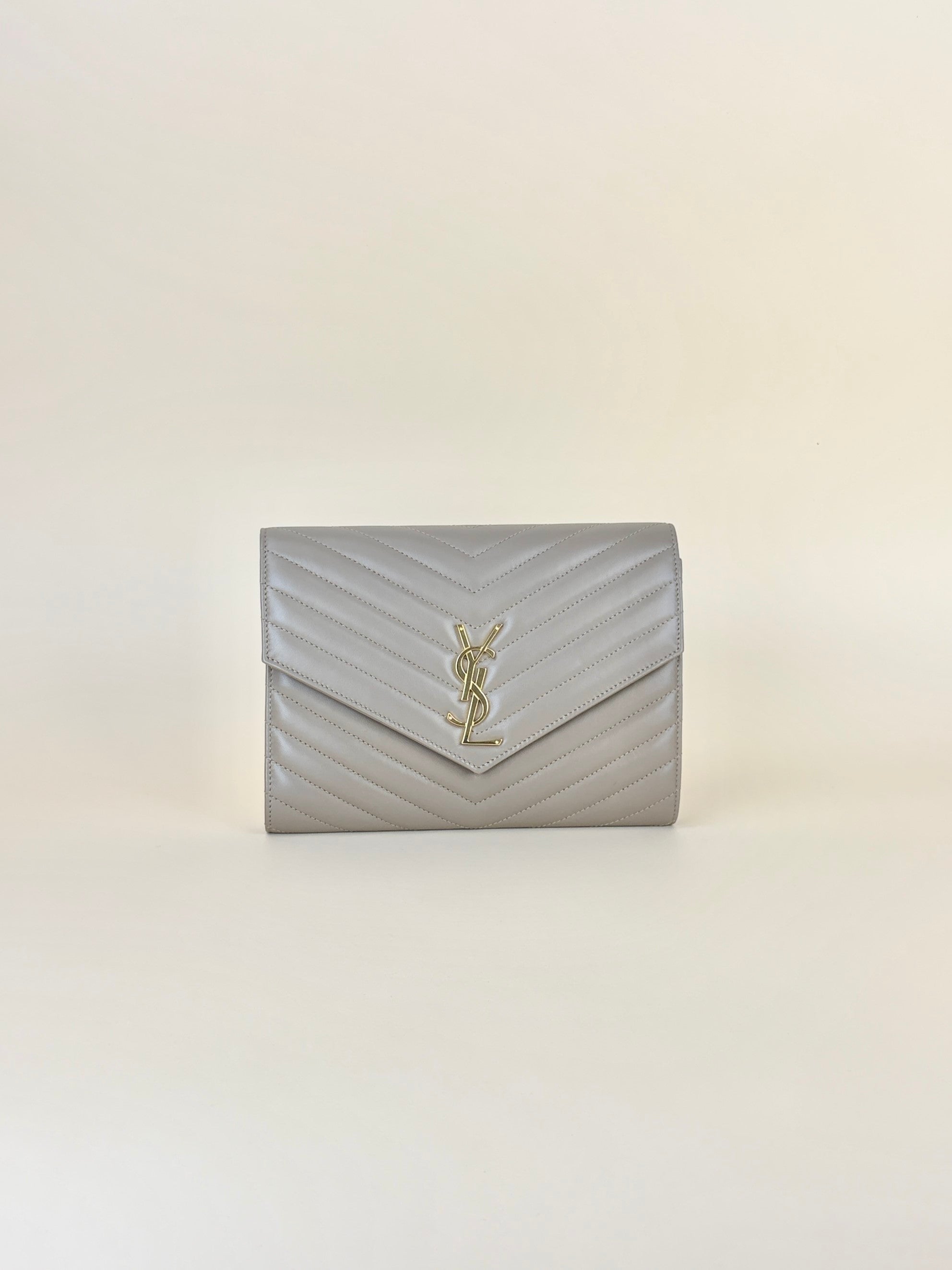 YSL Dark Beige Matelasse Chevron Monogram Cassandre Flap Pouch